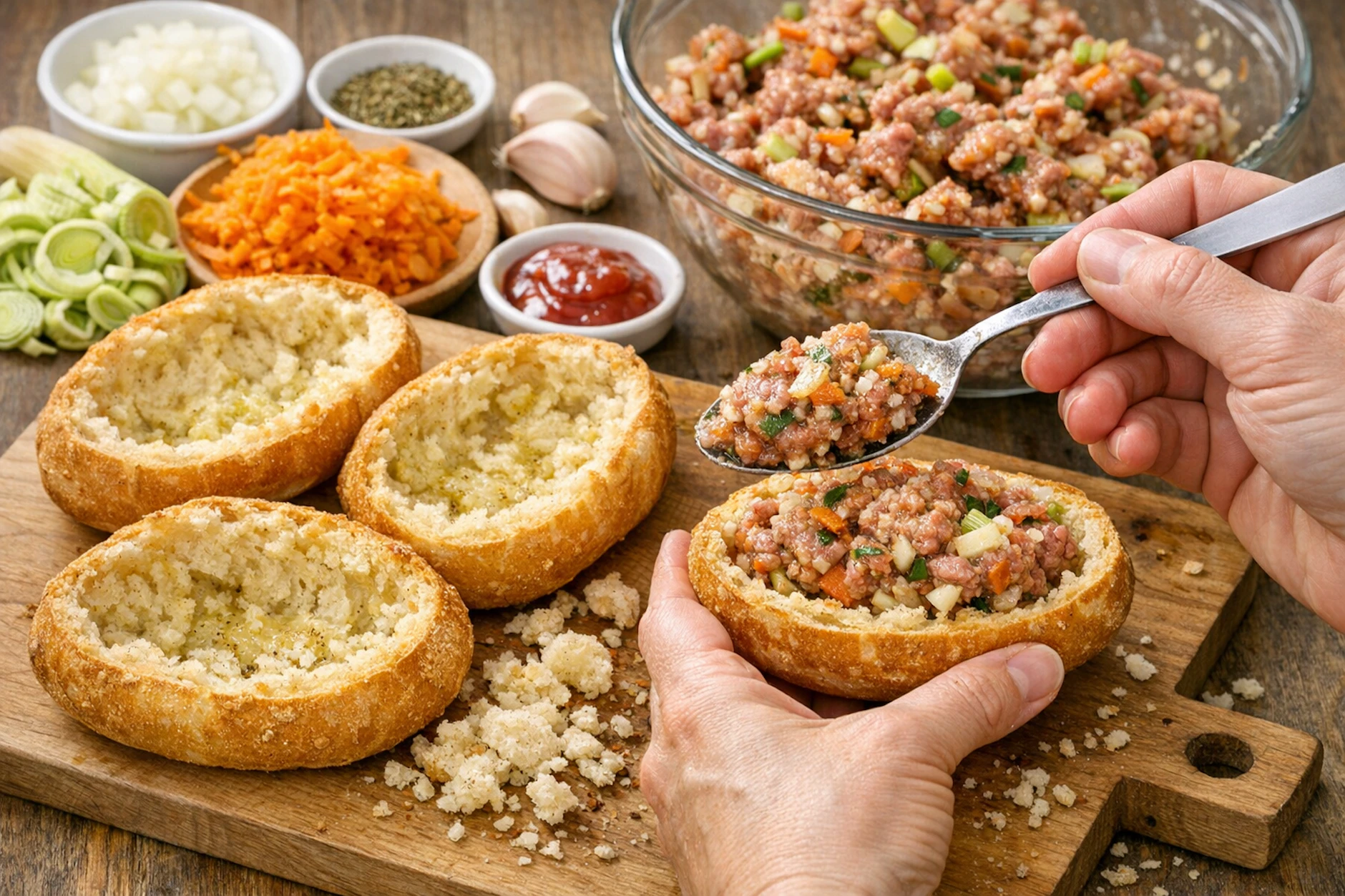 Die Fleischbrötchen werden mit der vorbereiteten Hackmasse gefüllt. Anschließend werden sie im Ofen gebacken. Klingt verrückt, ist aber ein besonders spannendes Rezept aus der DDR.