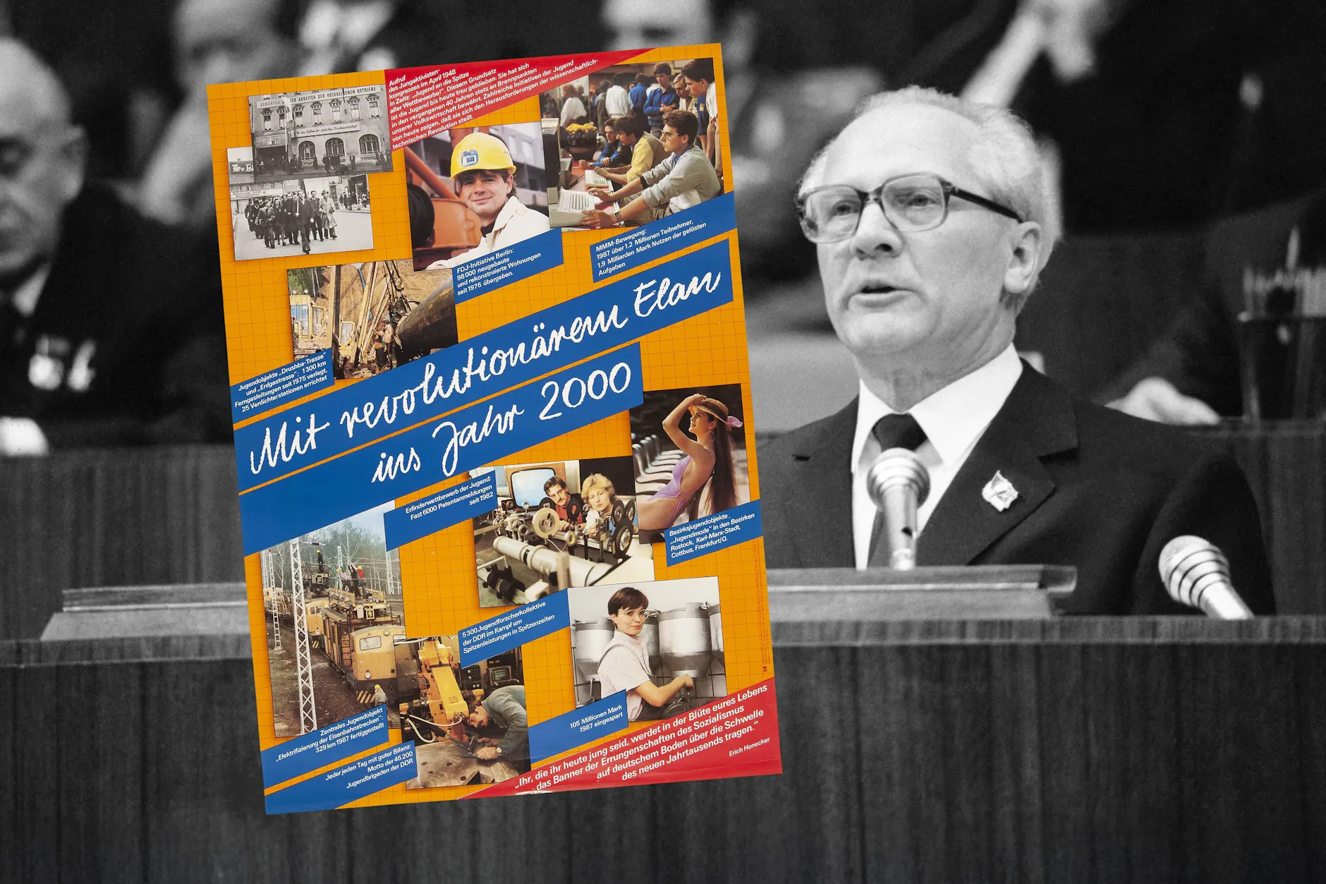 Die DDR fühlte sich bestens für das Jahr 2000 gerüstet: Auf diesem Propagandaplakat feierte die Regierung die Erfolge – und Erich Honecker selbst schickte die Jugend mit einem knackigen Zitat in Richtung Zukunft.
