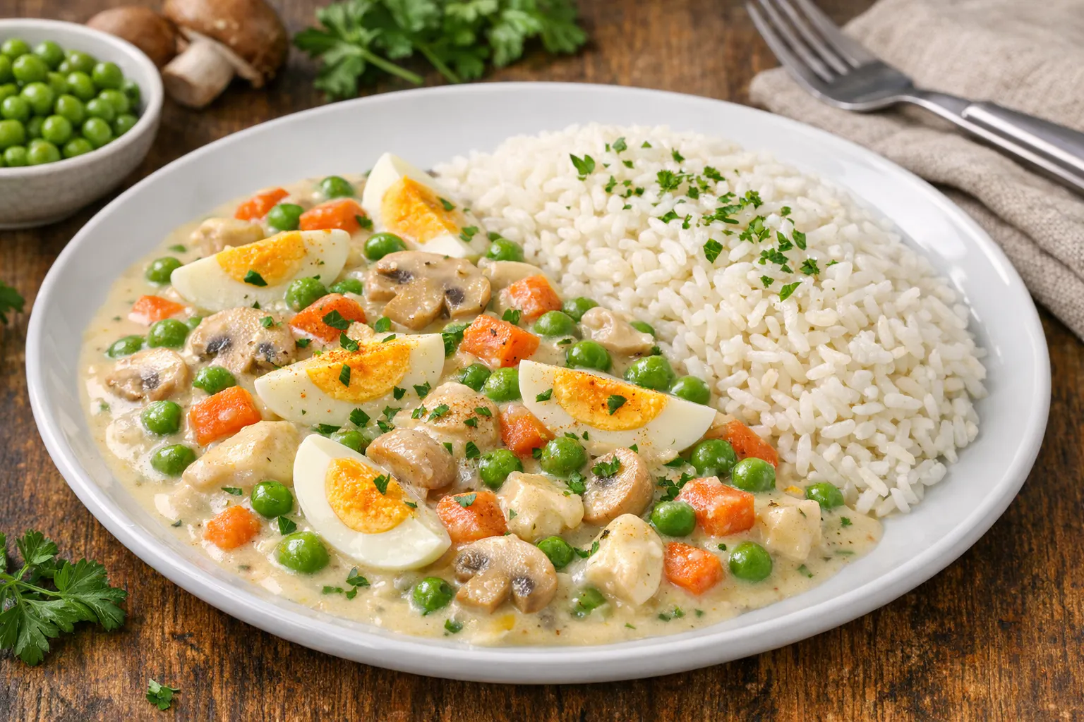 Frisches Eierfrikassee wird am besten mit Reis serviert. Das Rezept sollten Sie unbedingt mal nachkochen!