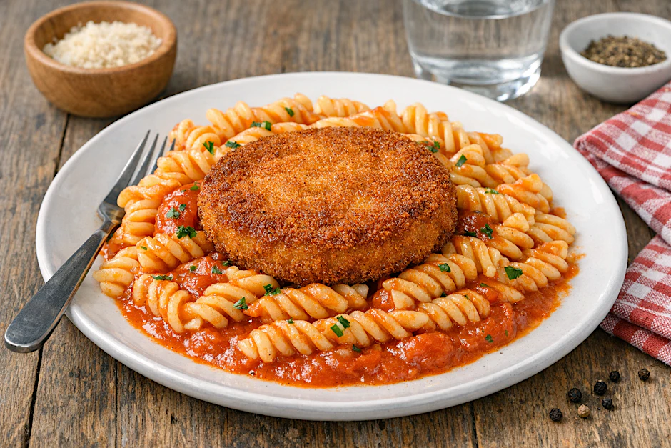 Klassisches Jägerschnitzel aus der DDR ist ein Genuss: Die panierte Jagdwurstscheibe wird mit Nudeln und Tomatensoße serviert. Versuchen Sie mal, das Schnitzel im Airfryer zuzubereiten!