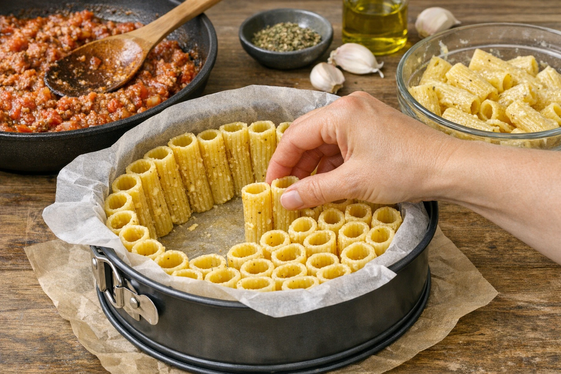 Die Nudeln werden für die Rigatonitorte aufrecht in die Form gestellt, anschließend wird der herzhafte Kuchen mit Soße übergossen und im Ofen überbacken.