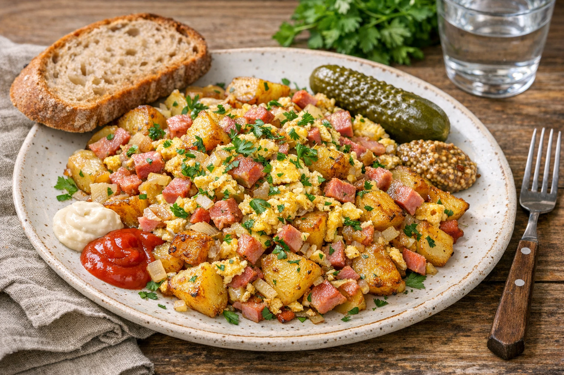 Bauernfrühstück ist ein klassisches Abendbrot-Gericht und lässt sich aus simplen und günstigen Zutaten zaubern. Das ist die Variante, bei der das Ei verrührt wird.