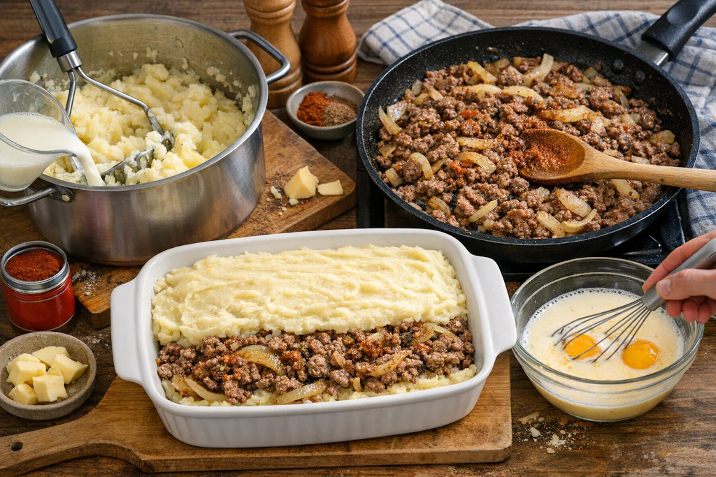 Für den Zwiebel-Leberwurst-Auflauf aus der DDR werden die Leberwurst-Zwiebel-Mischung und frischer Kartoffelbrei geschichtet und überbacken.