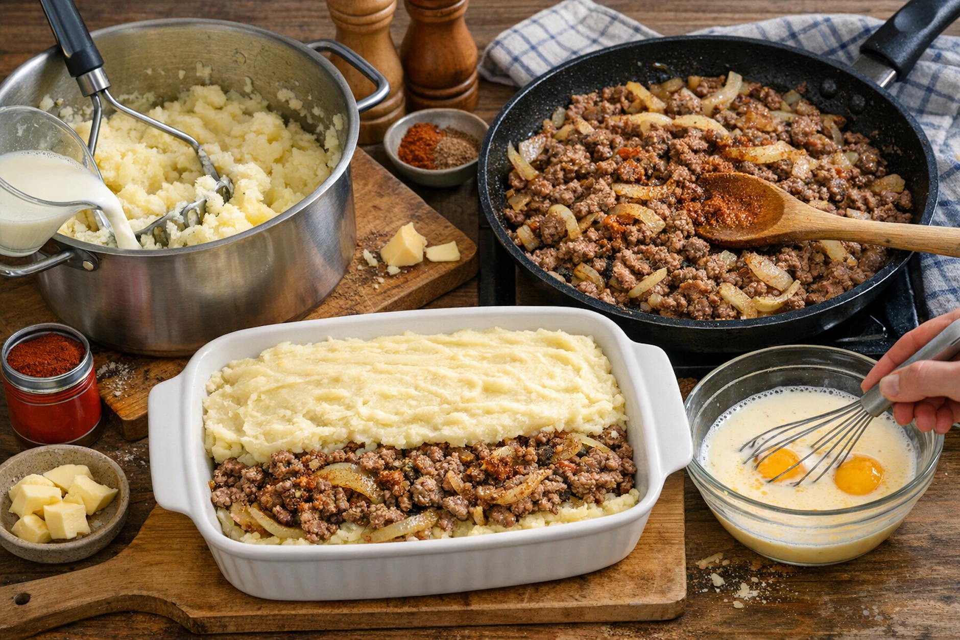 Für den Zwiebel-Leberwurst-Auflauf aus der DDR werden die Leberwurst-Zwiebel-Mischung und frischer Kartoffelbrei geschichtet und überbacken.