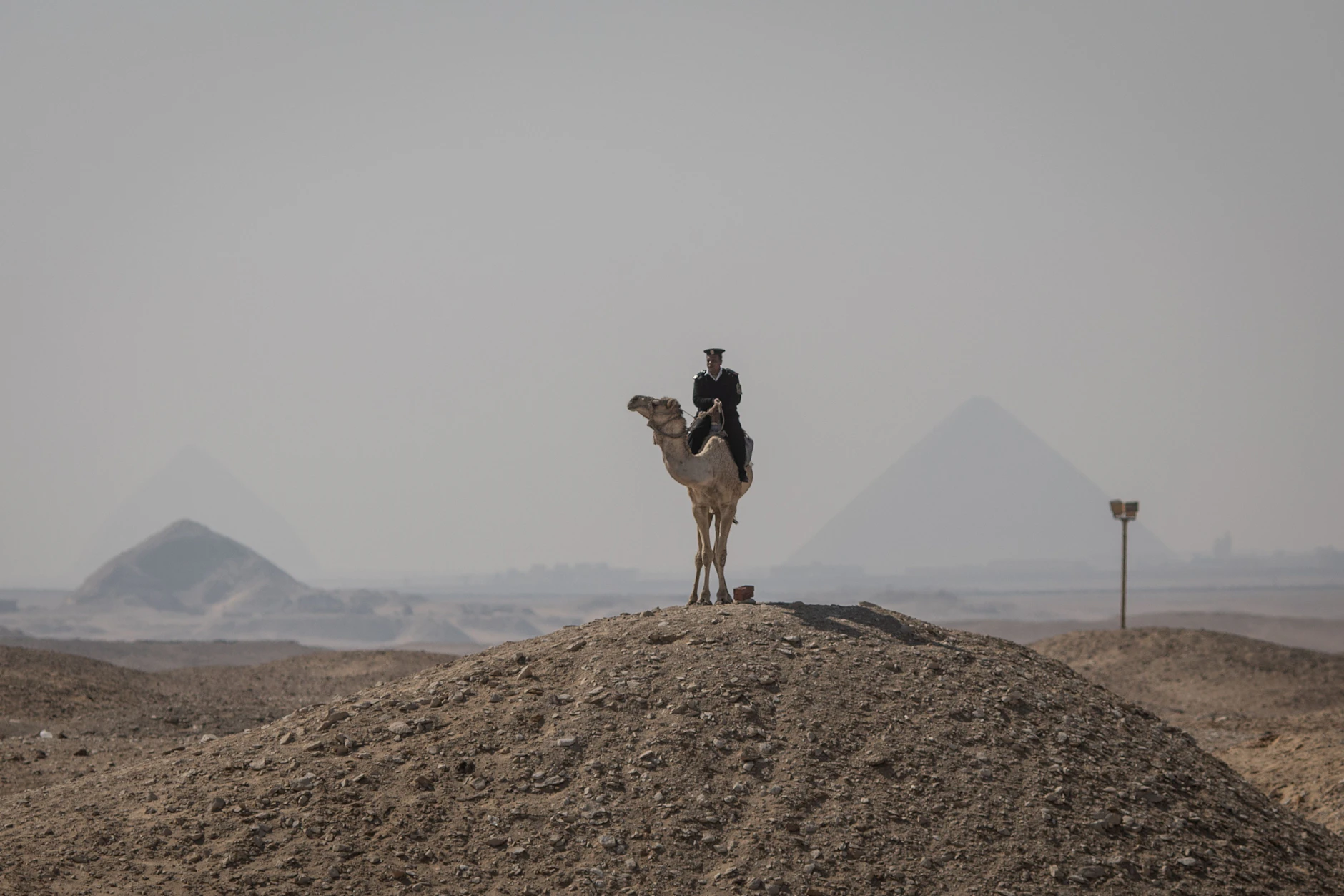 Ein ägyptischer Polizist auf einem Kamel steht Wache in der Nähe der Djoser-Pyramide in Saqqara außerhalb von Kairo, die für viele Touristen ein Muss ist.   