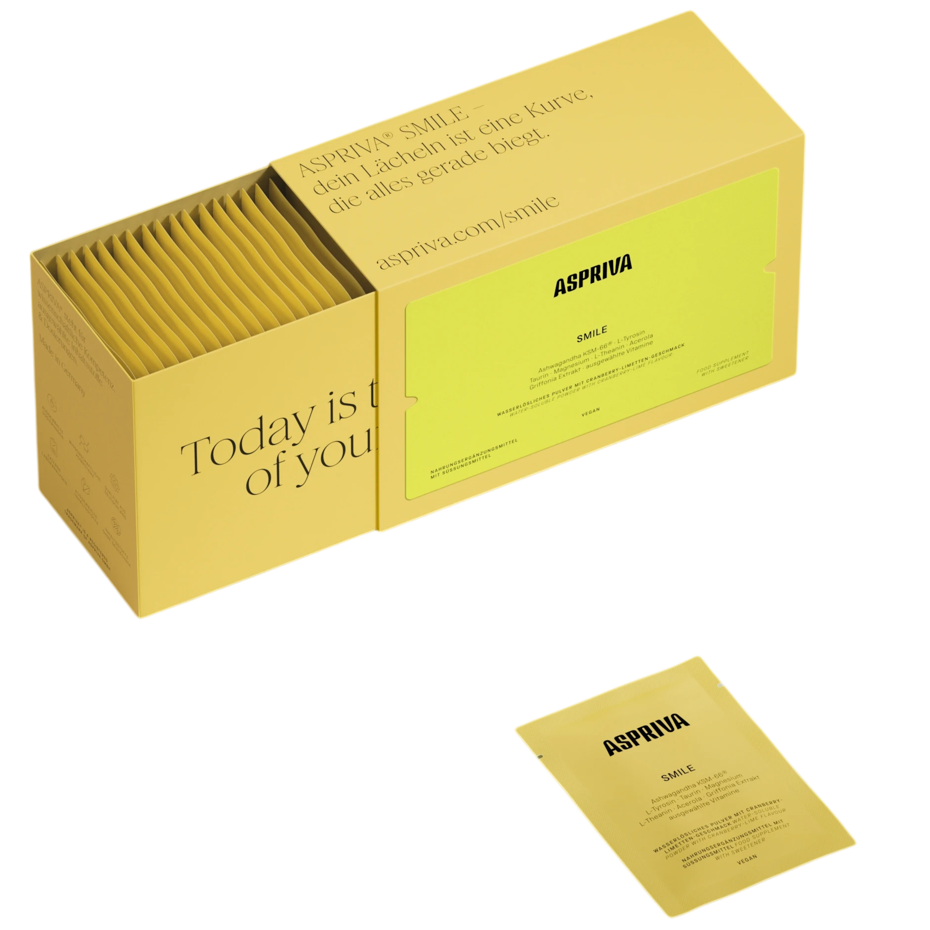 Schmeckt nach Cranberry und Limette und hebt schon mit der hübschen gelben Verpackung die Stimmung: „Smile“ mit 5-HTP, L-Tyrosin und Ashwagandha.