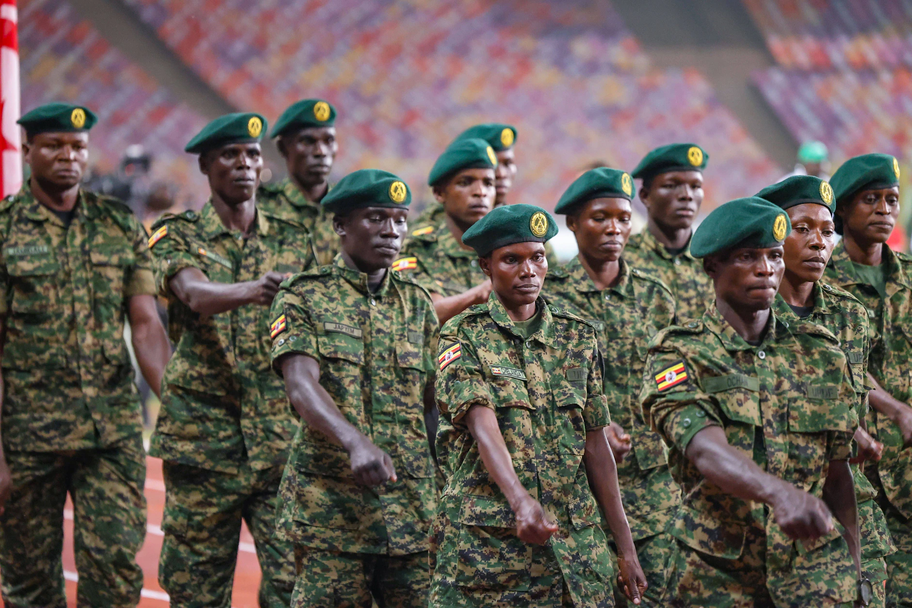Soldaten der ugandischen Armee posieren am Rande der Afrikanischen Militärspiele in Nigeria im Jahr 2024.