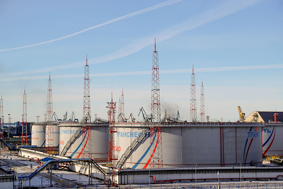 Tanks von Transneft, einem staatlichen russischen Unternehmen, das die Erdöl-Pipelines des Landes betreibt, im Ölterminal von Ust-Luga.