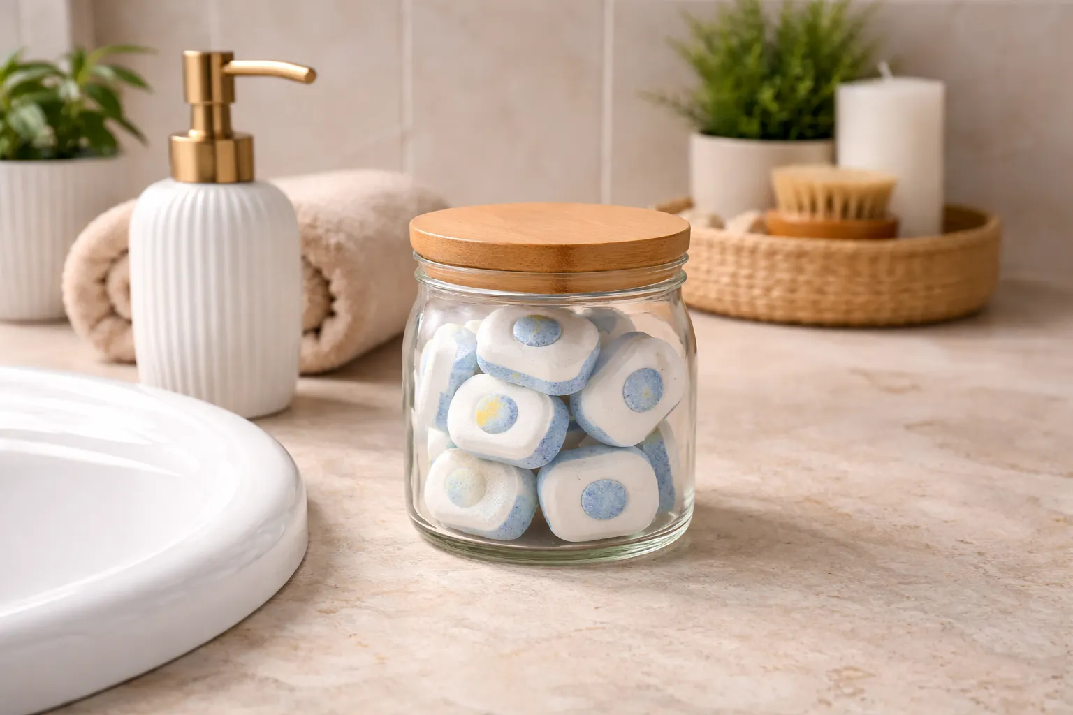 Geschirrspültabs gehören auch ins Badezimmer. Sie sind auch hier ein perfektes Reinigungsmittel.