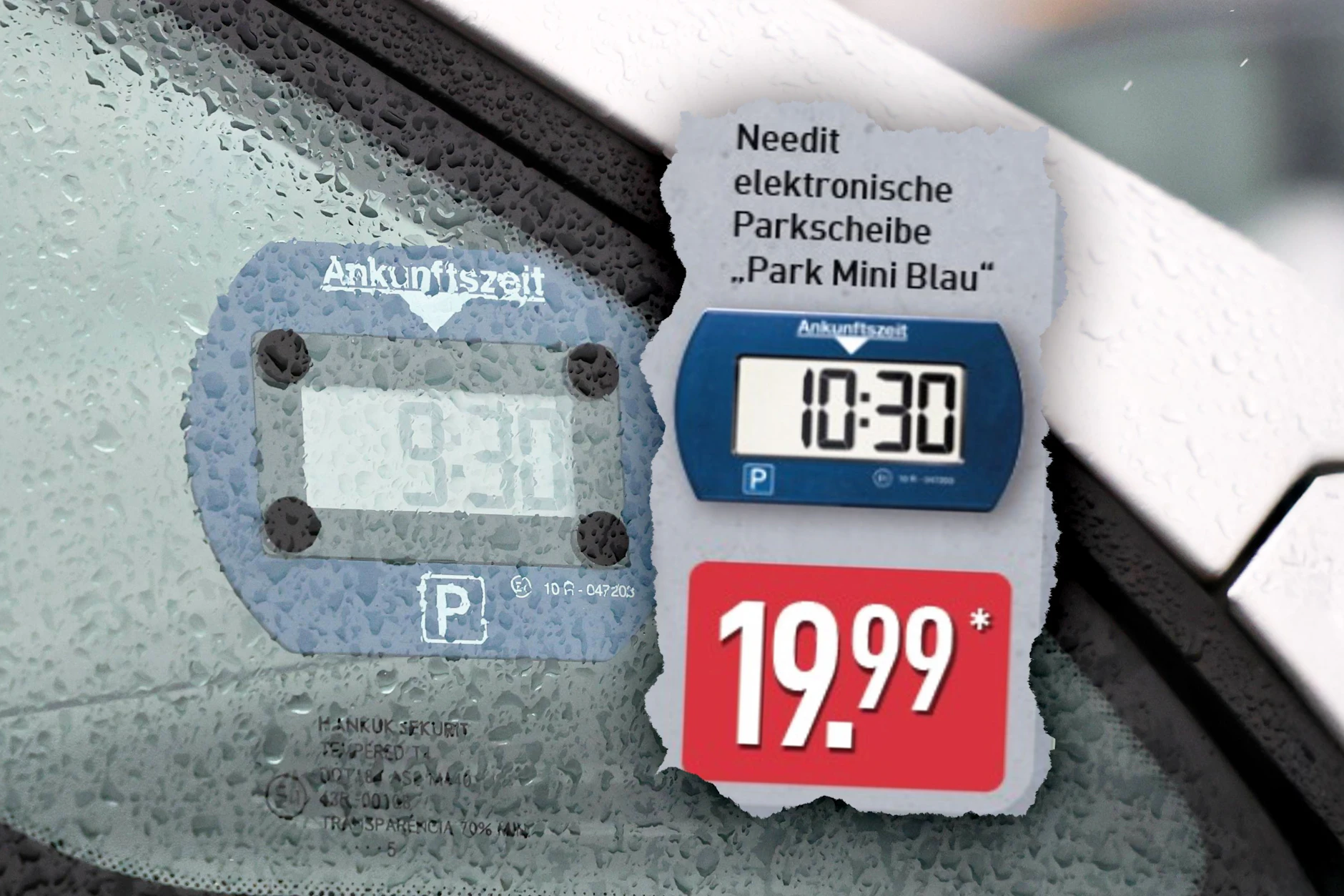 Eine digitale Parkscheibe klemmt an einem Auto. Rechts: Der Discounter Aldi hat ein solches Gadget ab Montag im Angebot. Darf man es in Deutschland benutzen?