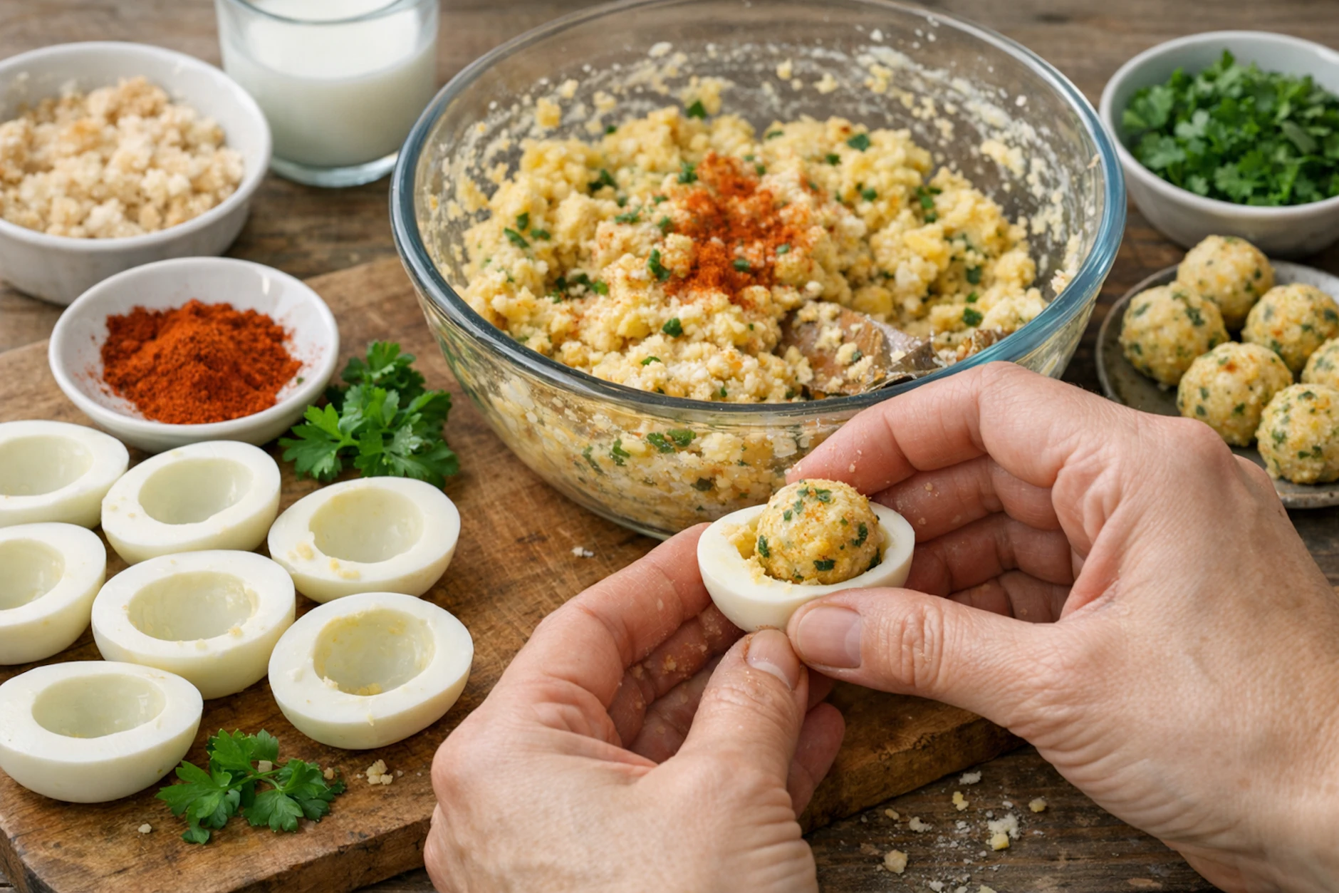 Die Eier werden mit der Masse gefüllt und anschließend im Ofen gebacken. Das leckere, warme Gericht ist die perfekte Ergänzung zu Ihrem Abendbrot.