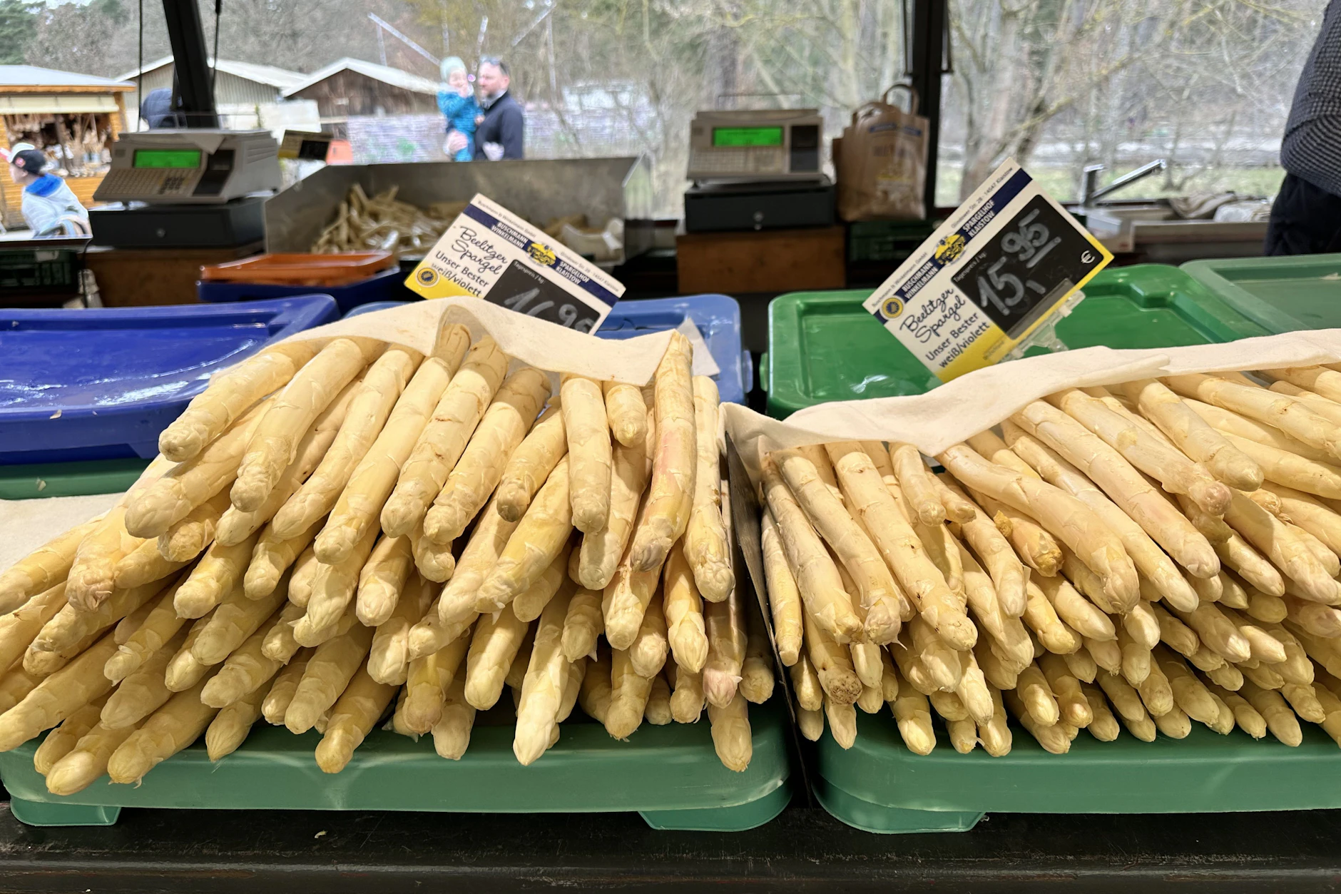 Auf dem Spargelhof Klaistow wird der erste Spargel der Saison verkauft. Das Kilogramm kostet bis zu 16,95 Euro.