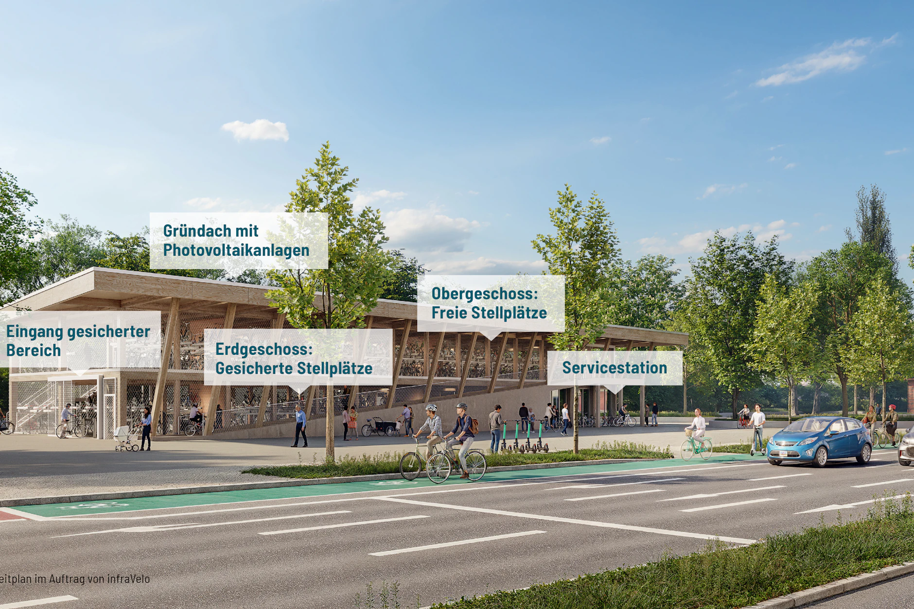 Eine Animation zeigt, wie das Fahrradparkhaus in Berlin-Schöneweide aufgebaut ist.