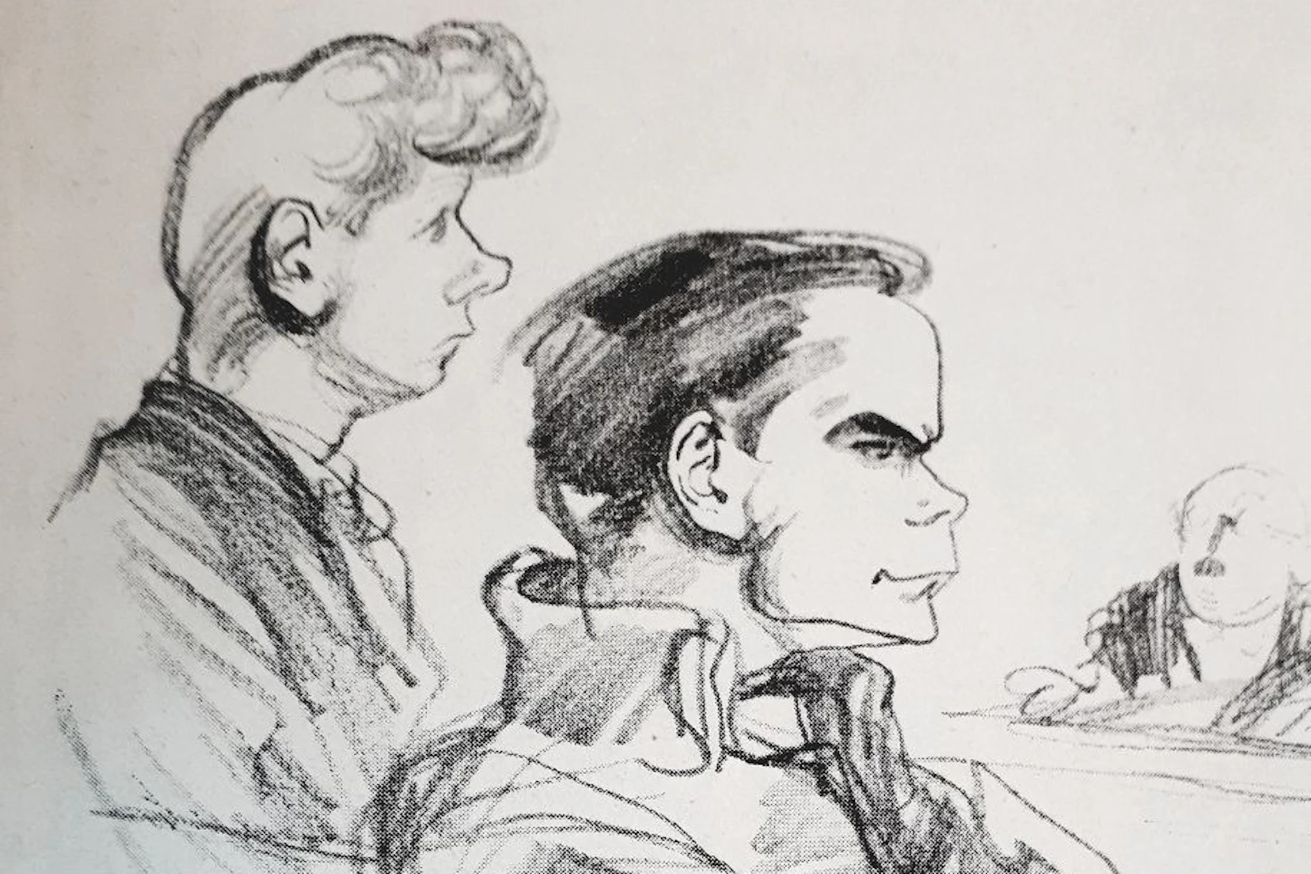 Gerichtszeichnung der Angeklagten Benziger (l.) und Stolpe