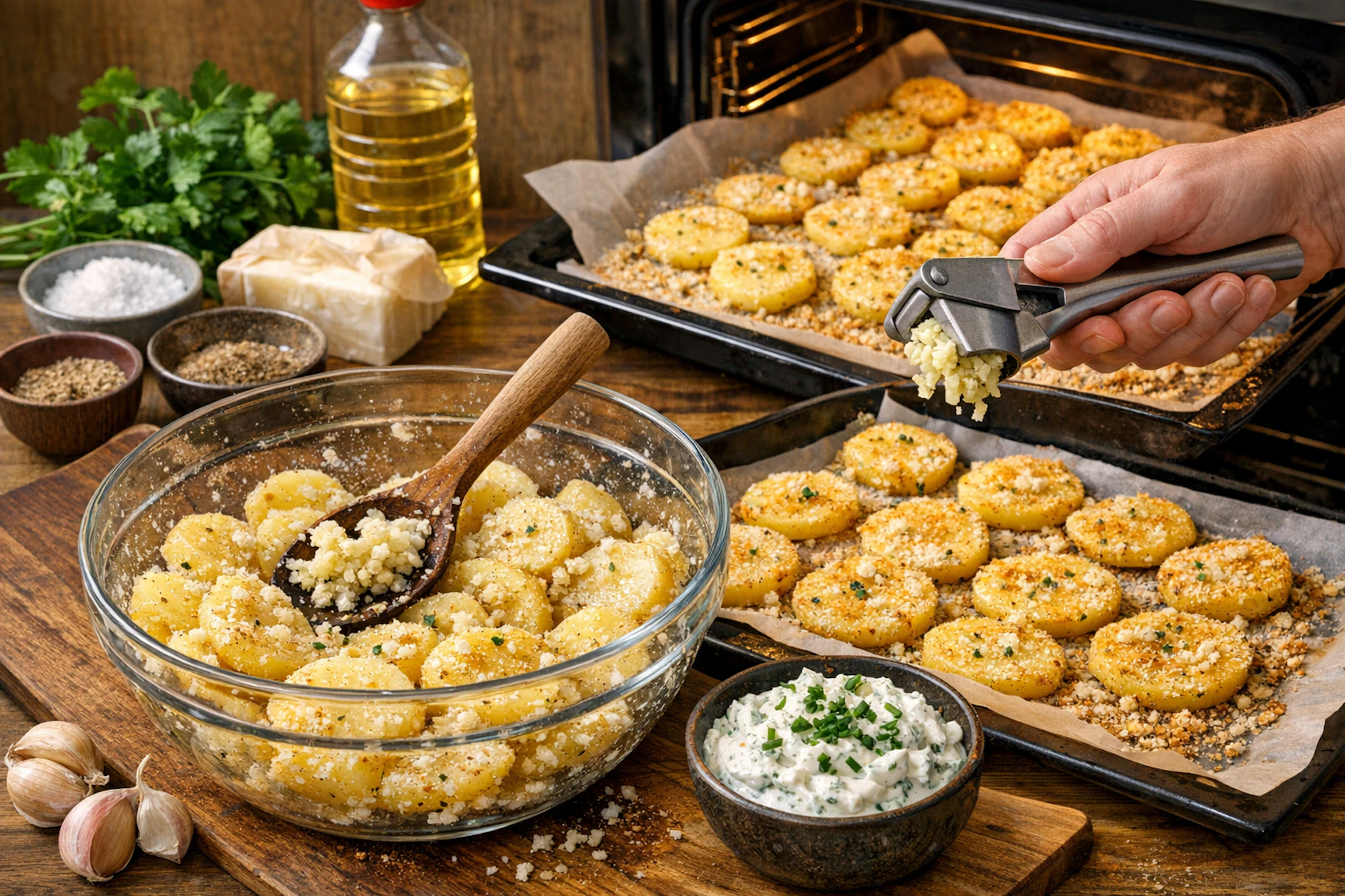 Die Kartoffeln müssen, bevor sie in den Ofen kommen, mit einer würzigen Knoblauchpaste eingeschmiert und mit Semmelbröseln bestreut werden. So erhalten Sie perfekte gebackene Kartoffeln mit Knoblauch aus dem Ofen!