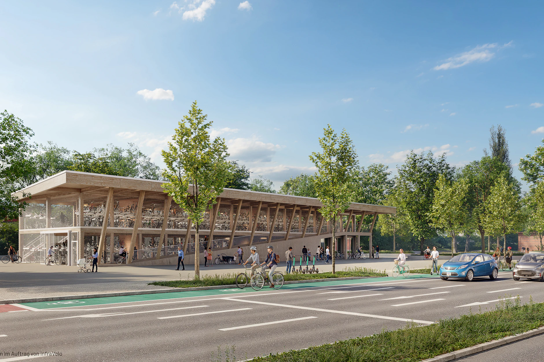 Viel Holz und lichtdurchlässige Wände: So soll das Fahrrad-Parkhaus am S-Bahnhof Schöneweide aussehen, wenn es fertig ist.