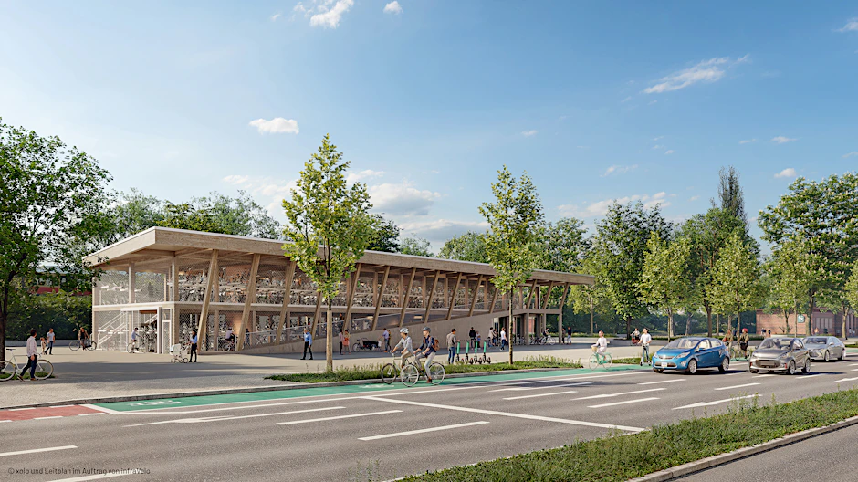 Viel Holz und lichtdurchlässige Wände: So soll das Fahrrad-Parkhaus am S-Bahnhof Schöneweide aussehen, wenn es fertig ist.