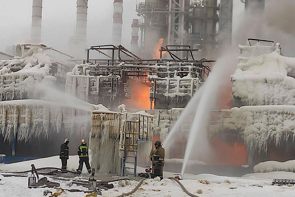 Feuerwehrleute bei Löscharbeiten auf dem Gelände des Erdgasproduzenten Novatek im Ostseehafen Ust-Luga