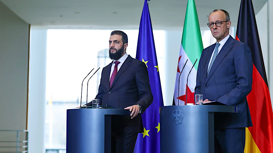 Besuch des syrischen Übergangspräsidenten in Berlin. Gemeinsame Pressekonferenz von Ahmed al-Scharaa und Bundeskanzler Friedrich Merz (CDU)