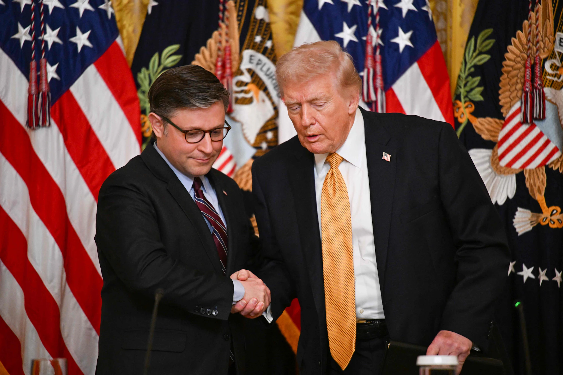 Republikaner unter sich: US-Präsident Donald Trump schüttelt die Hand des Repräsentantenhaussprechers Mike Johnson (l.).