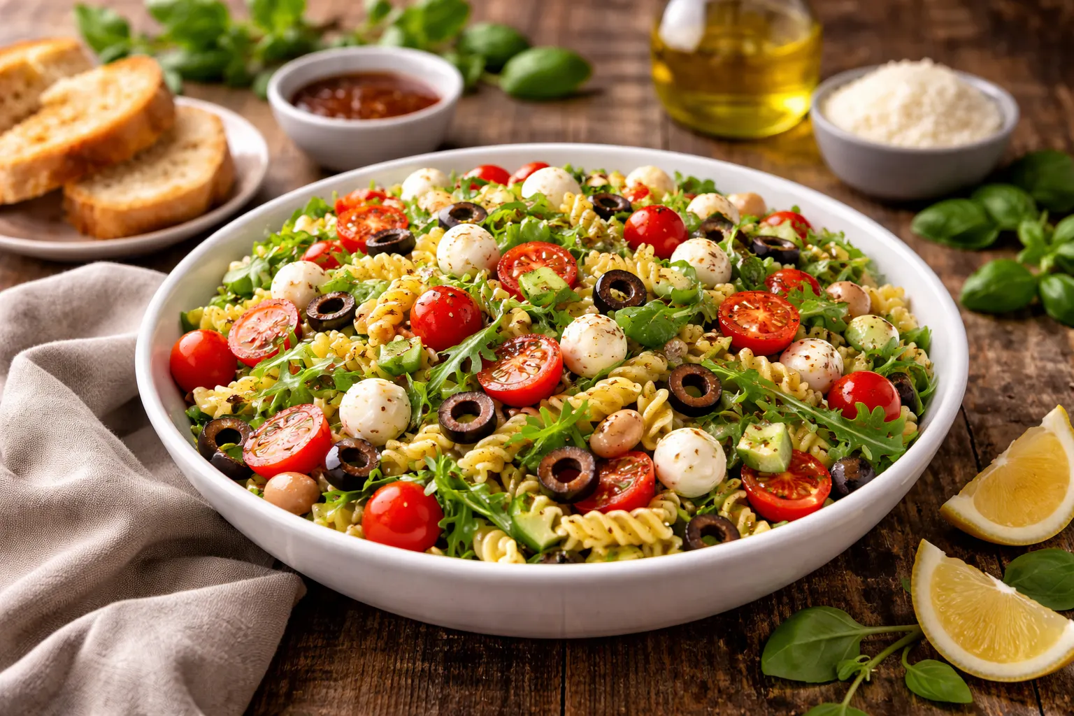 Dieser mediterrane Salat besteht aus sieben Zutaten plus Dressing.
