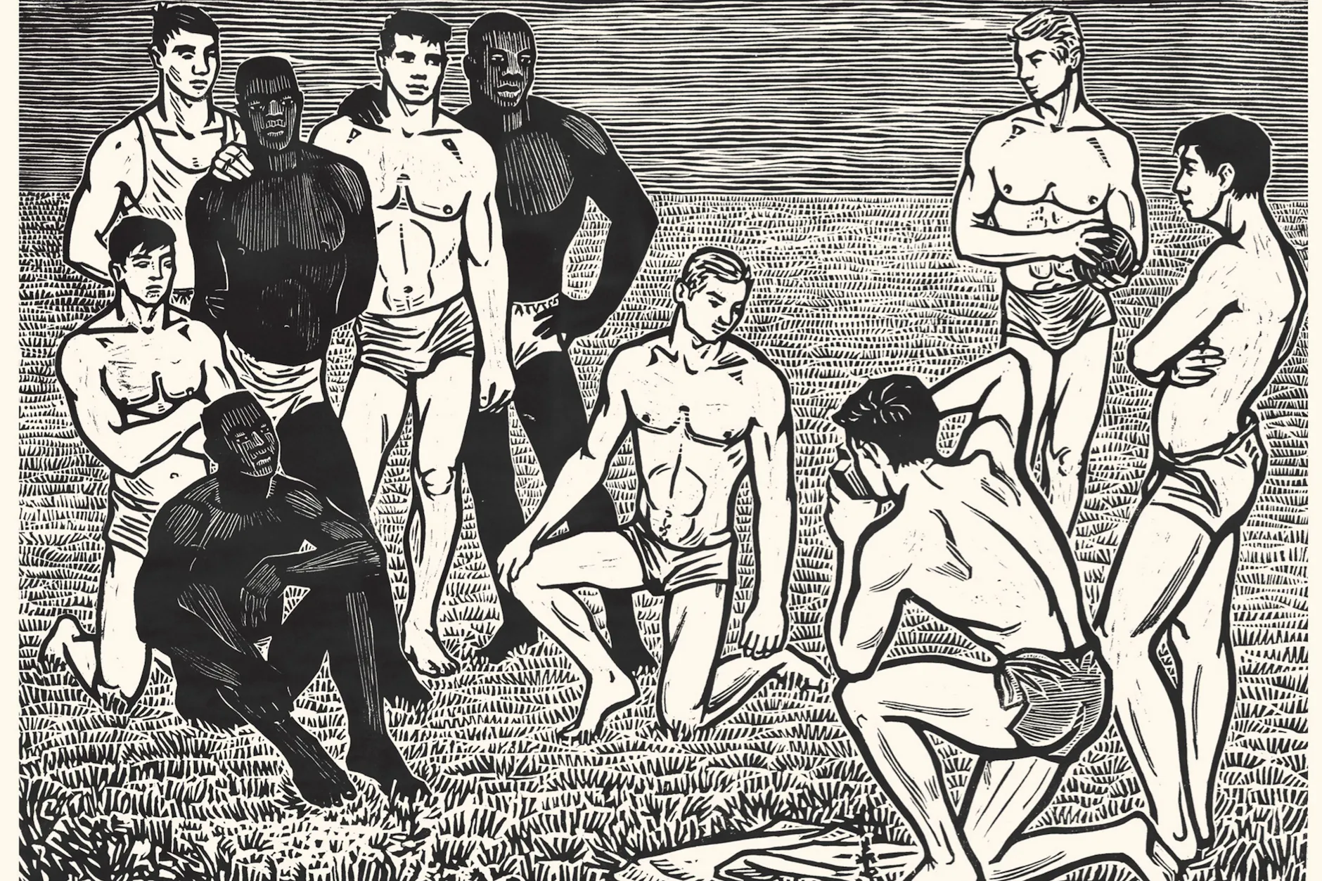 Jürgen Wittdorf: „Freundschaftsbild“, Linolschnitt aus der Serie „Jugend und Sport“, 1964