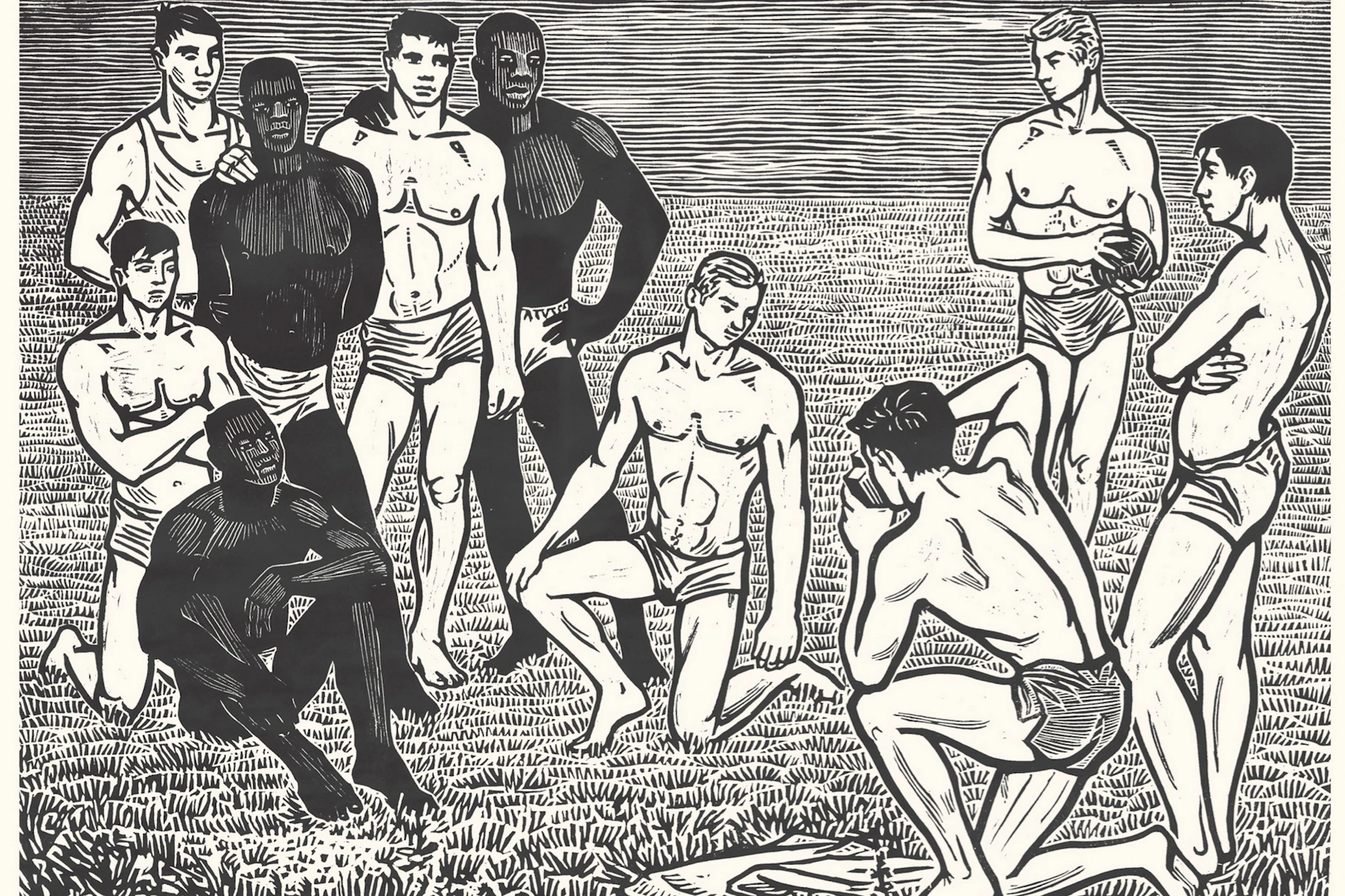 Jürgen Wittdorf: „Freundschaftsbild“, Linolschnitt aus der Serie „Jugend und Sport“, 1964