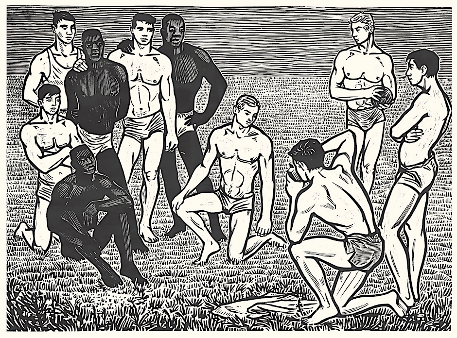 Jürgen Wittdorf: „Freundschaftsbild“, Linolschnitt aus der Serie „Jugend und Sport“, 1964