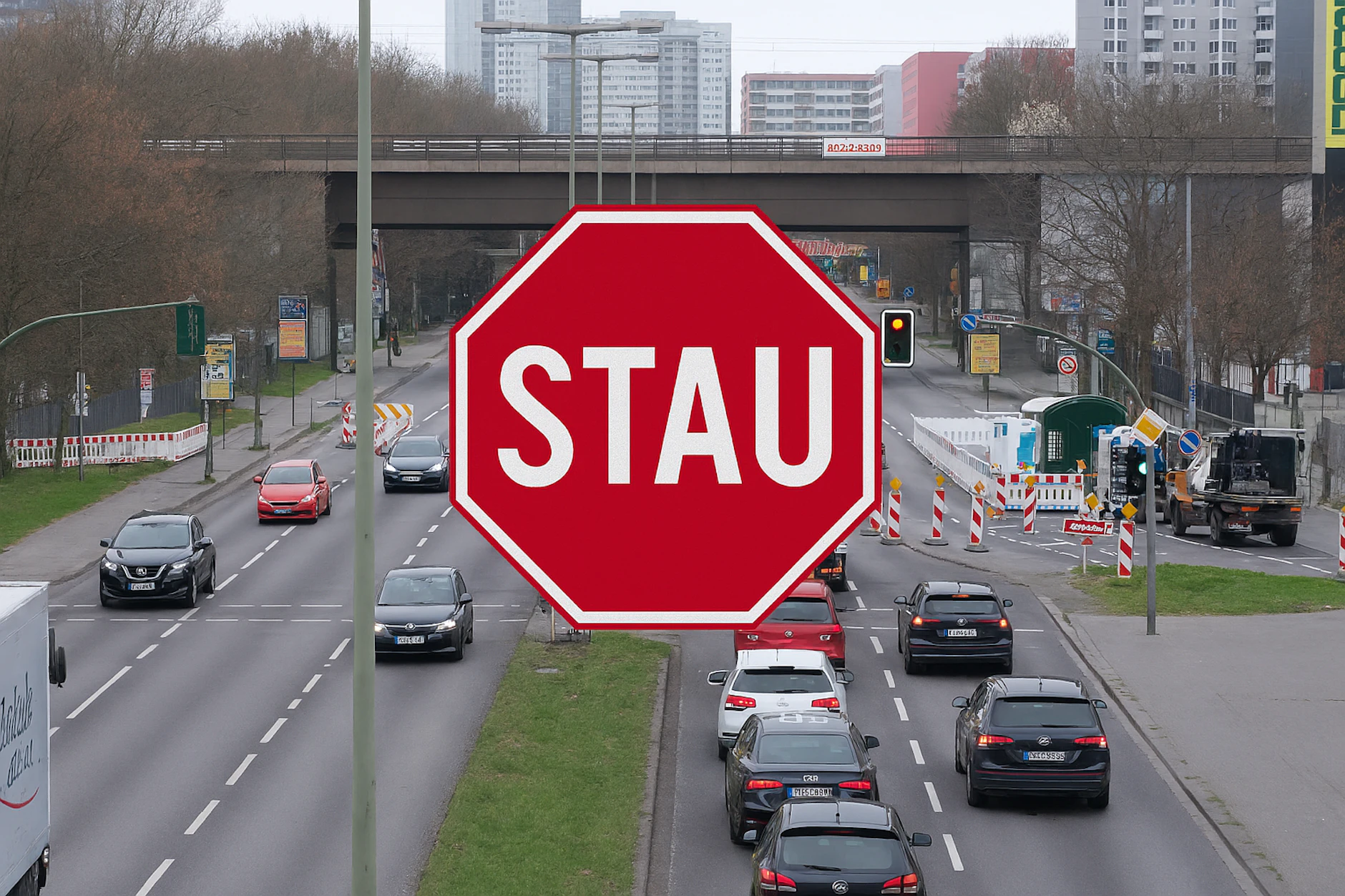 Eine Baustelle auf der Straße Alt-Friedrichsfelde in Höhe der Gensinger Brücke bremst den Verkehr stadteinwärts bis zum 10. April aus. Der Asphalt wird saniert, die Fahrbahn ist auf einen Fahrstreifen verengt.