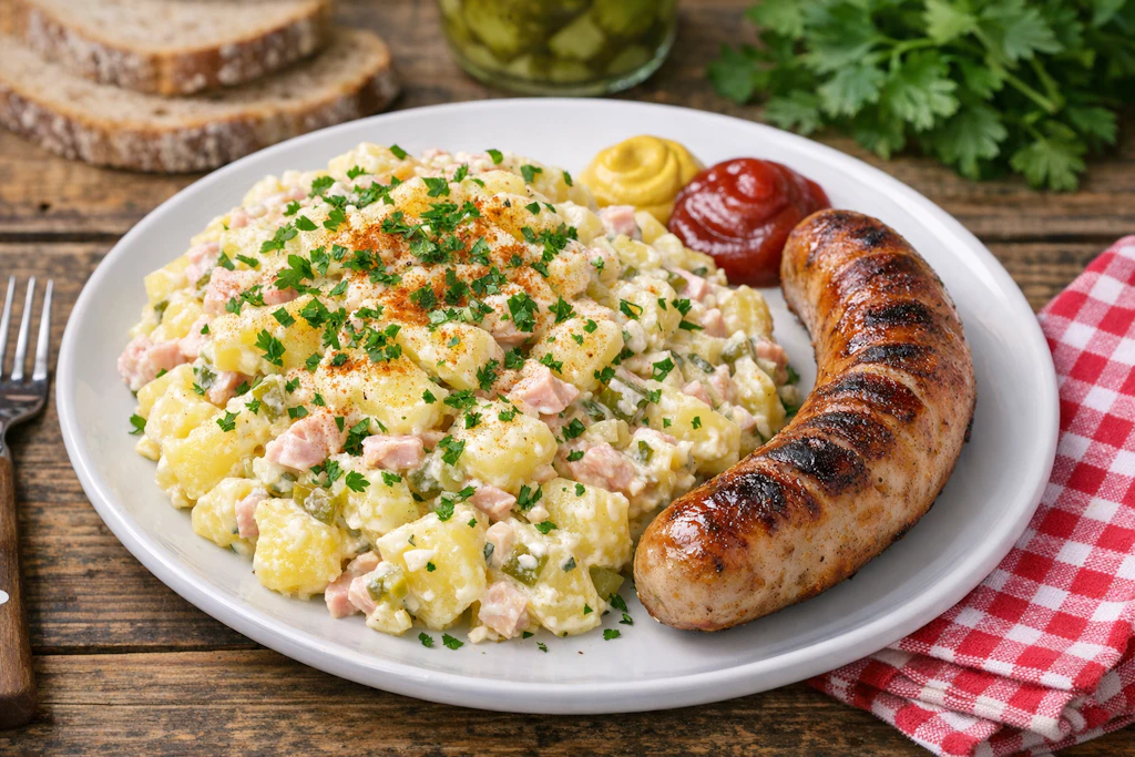 Erzgebirgischer Kartoffelsalat passt beim Grillabend perfekt zur Bratwurst. Sie können den Kartoffelsalat aus dem Osten aber auch einfach so genießen.
