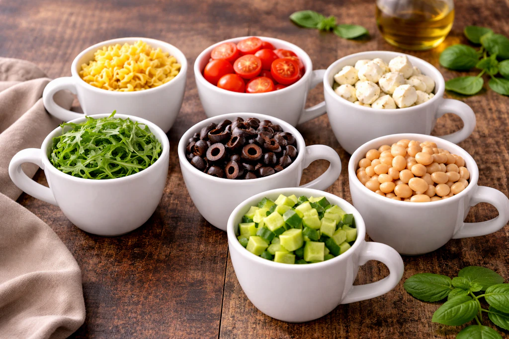 In den 7-Tassen-Salat auf die italienische Art gehören jeweils eine Tasse Pasta, Tomaten, Mozzarella, Rucola, Oliven, weiße Bohnen und Gurken.