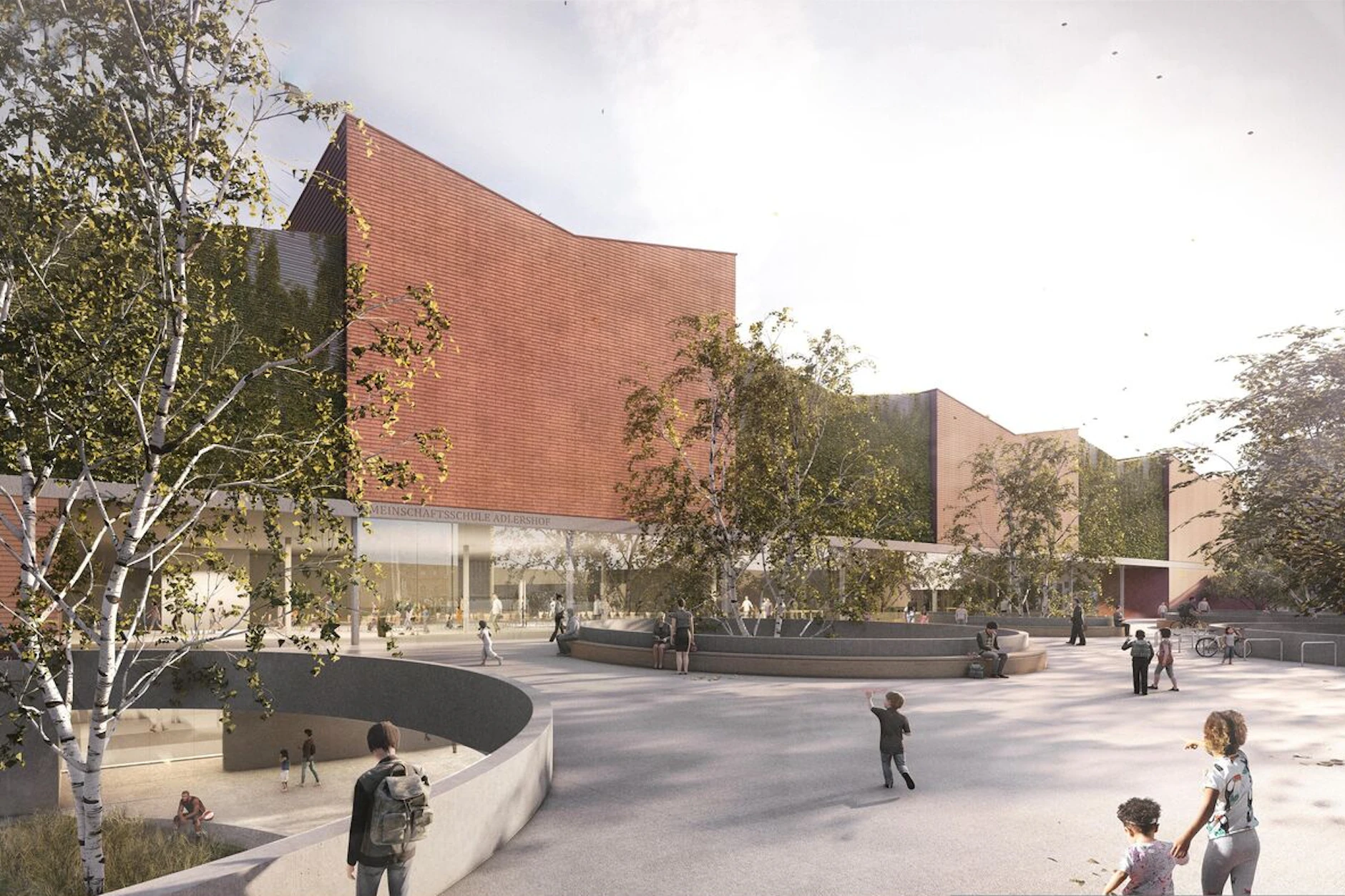 So sieht die neue Gemeinschaftsschule in Adlershof von außen aus: Die geschwungenen Dächer erinnern ein wenig an die Berliner Philharmonie.