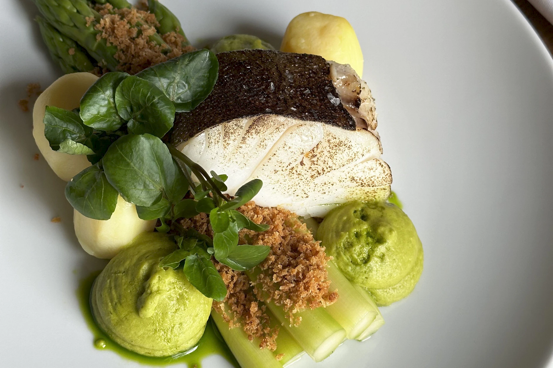 Im Restaurant Vera schwimmt der Kabeljau auf Erbsenpüree – mit Spargel und Kartoffeln.