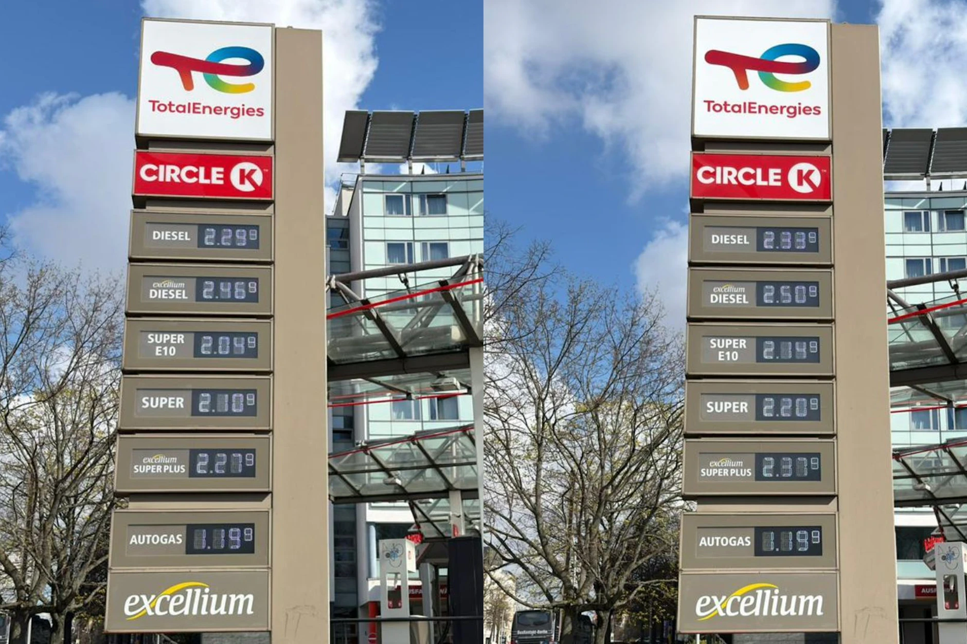 So haben sich die Preise nach der Umstellung um 12 Uhr bei einer Tankstelle in der Prenzlauer Allee verändert.