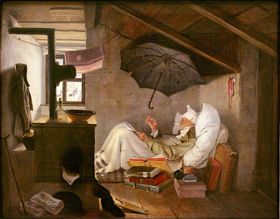 Heute könnte Carl Spitzweg (Bildtitel: „Der arme Poet“) auch freie Journalisten so malen.