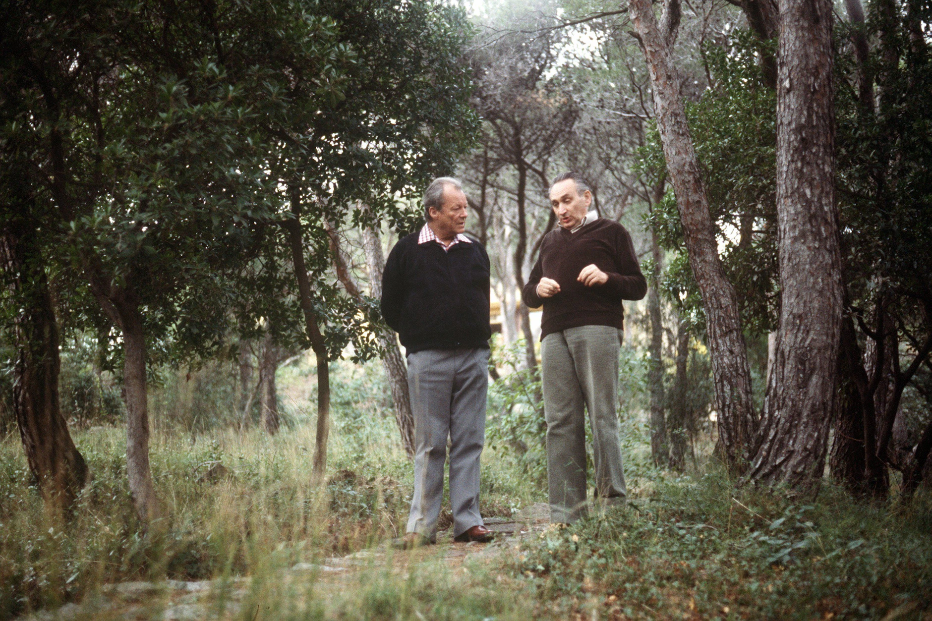 Februar 1979: Der SPD-Bundesgeschäftsführer Egon Bahr informiert den früheren Bundeskanzler Willy Brandt während eines Spaziergangs im Park des „Hospital Leon Berard“ über die politische Situation in der Bundeshauptstadt.