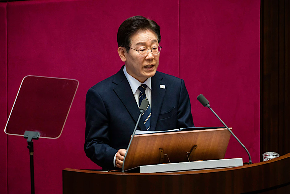 Lee Jae-myung, Präsident von Südkorea, spricht während einer Rede vor der Nationalversammlung.