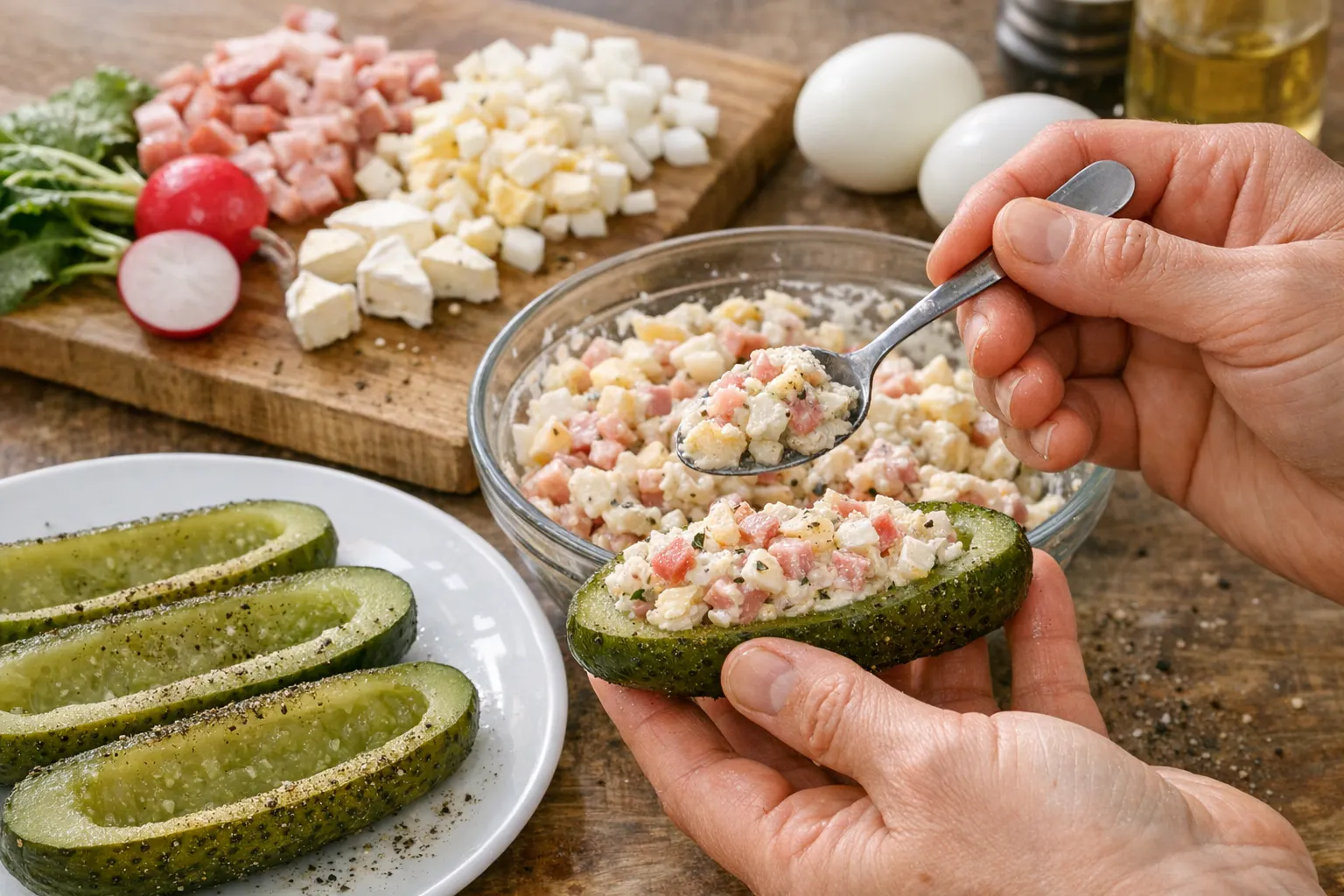 Die Gurken werden mit der vorbereiteten Masse gefüllt – fertig ist das Pfeffergurken-Frühstück aus Honeckers Zeiten!