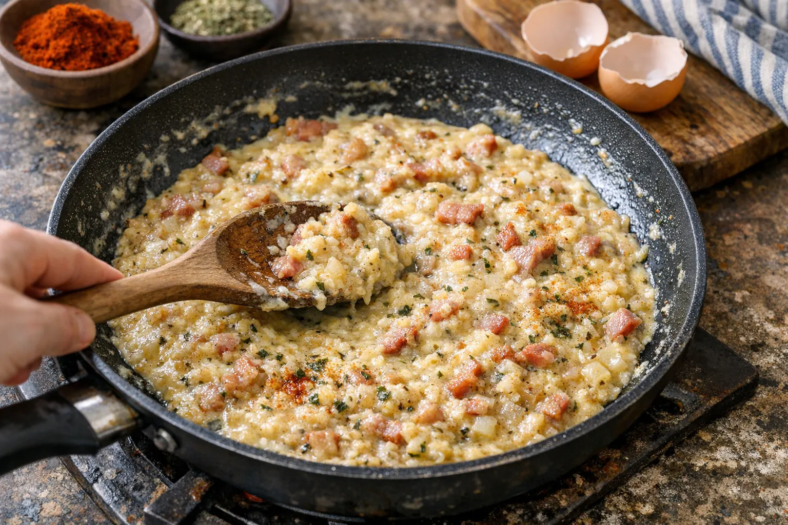 Das Affenfett wird in einer Pfanne bei milder Hitze cremig gerührt - und verwandelt sich in einen köstlichen Aufstrich. Auf Brot schmeckt der am besten!