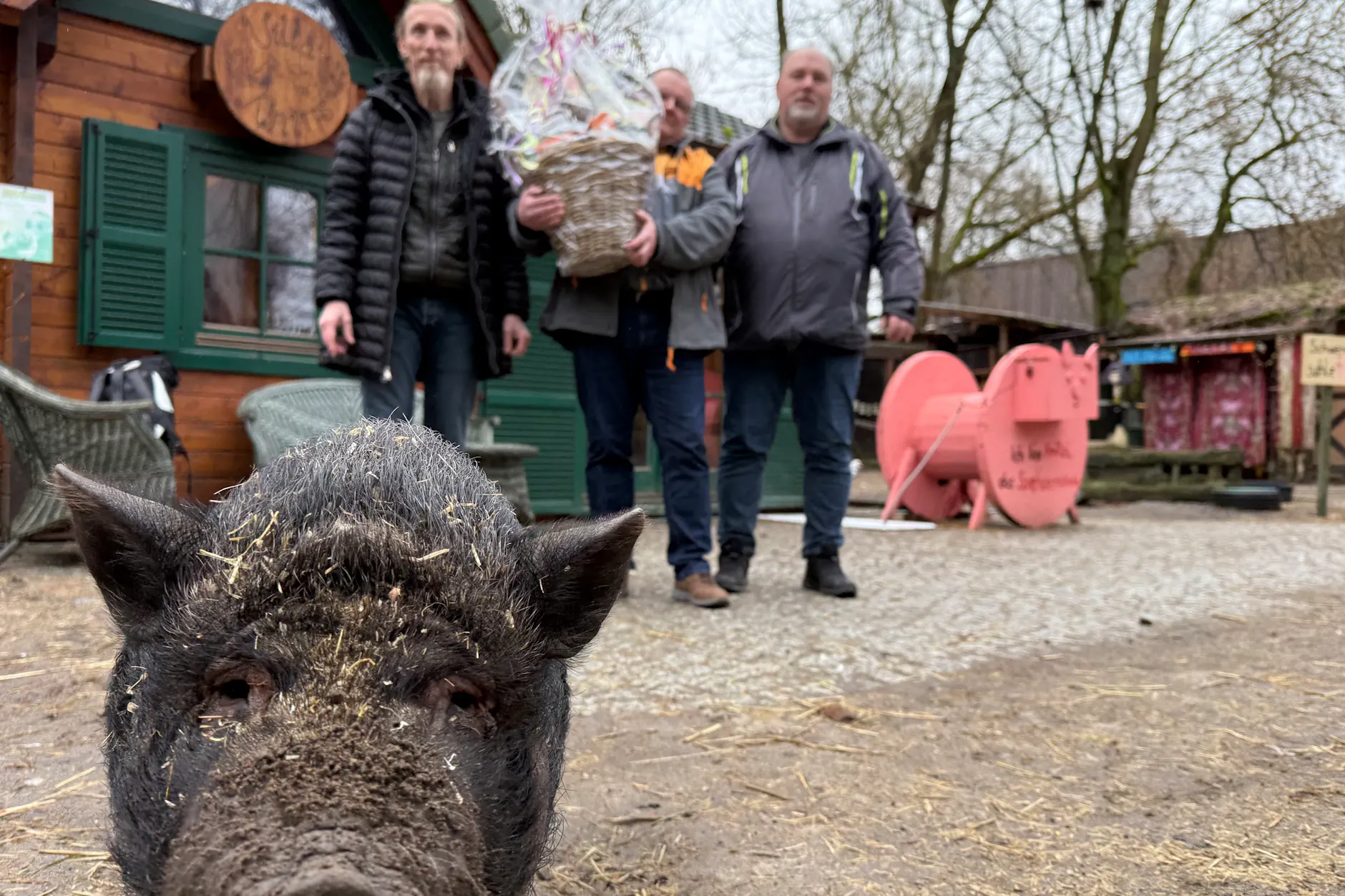 V.l.n.r.: Ein Bewohner der Tierfarm, Schulleiter Tobias Barthl, Hornbach-Marktleiter Andreas Ullrich und Thomas Hertel, Vorsitzender des Schulvereins.
