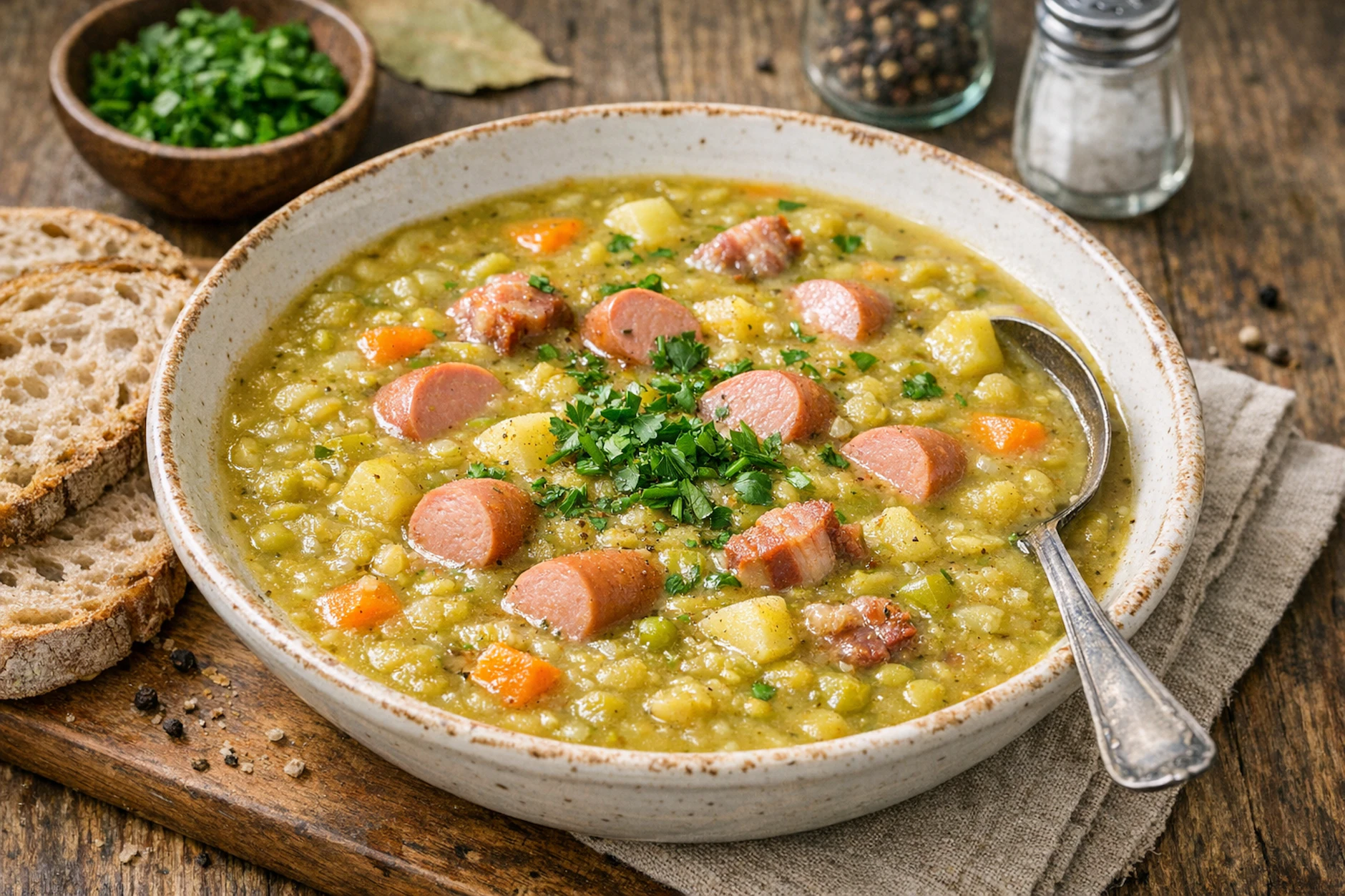 Die Erbsensuppe wird nach einem klassischen Rezept gekocht und mit Würstchen serviert. Genießen Sie den Geschmack von Omas Eintopf aus der Gulaschkanone!