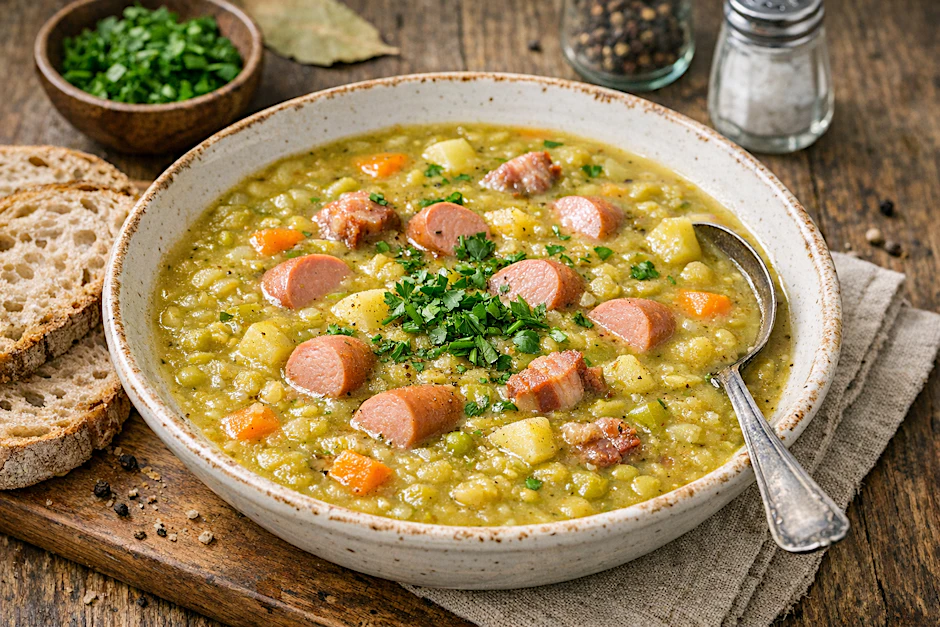 Die Erbsensuppe wird nach einem klassischen Rezept gekocht und mit Würstchen serviert. Genießen Sie den Geschmack von Omas Eintopf aus der Gulaschkanone!