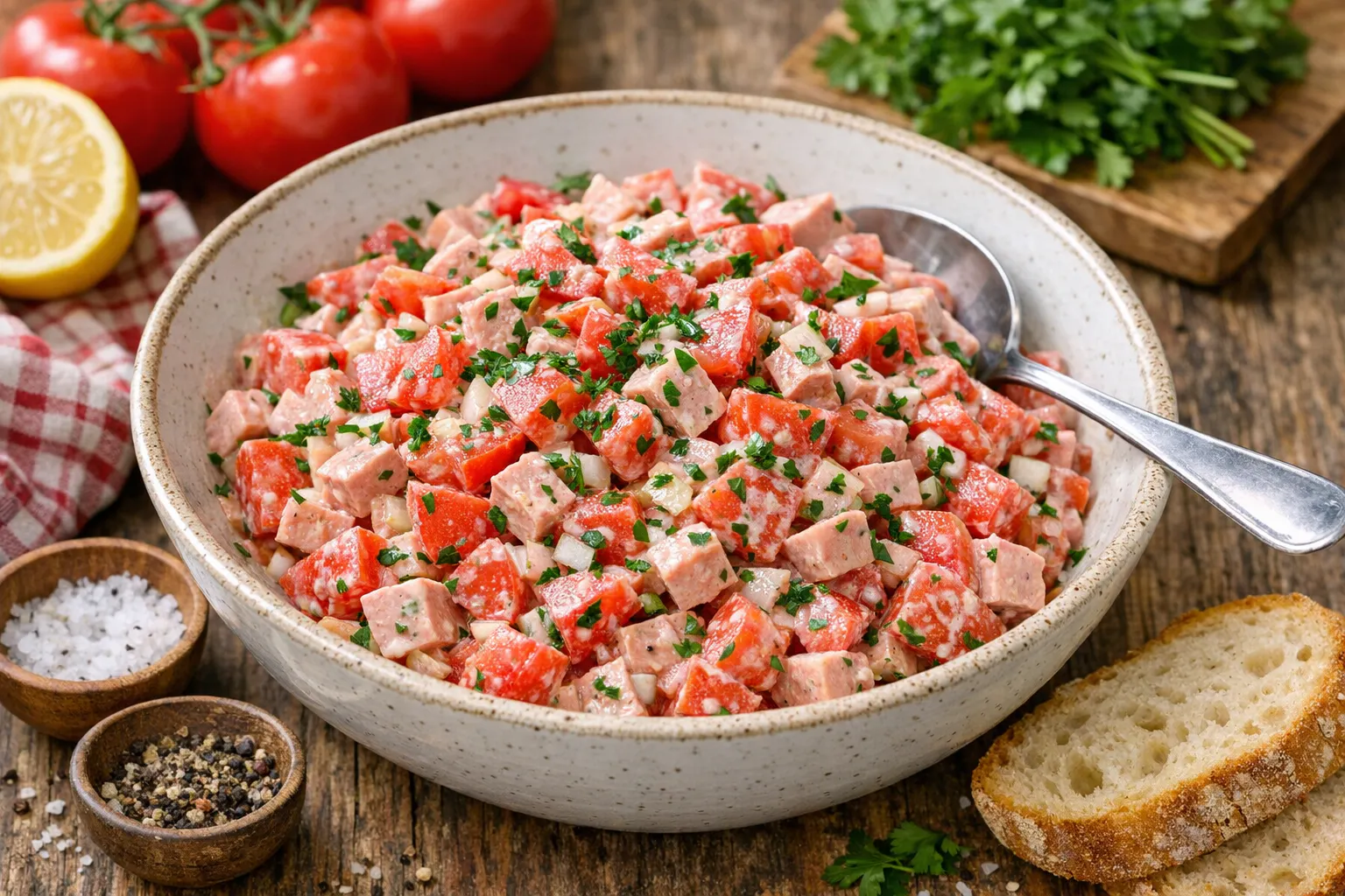 Tomatensalat mit Jagdwurst ist ein leckeres und einfaches Rezept aus der DDR, das Ihren Abendbrottisch garantiert bereichern wird!