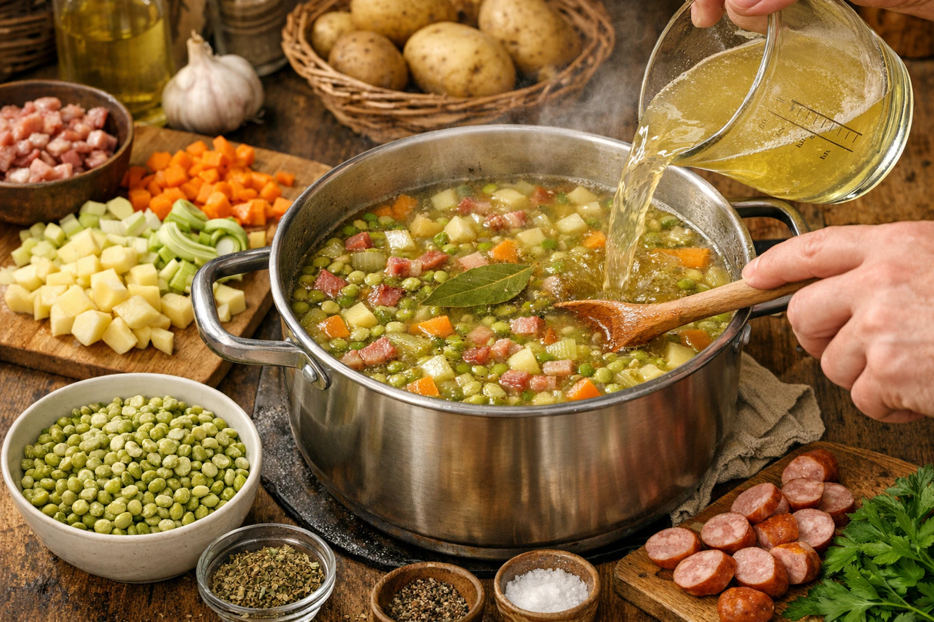 Einfach lecker! Die Erbsensuppe nach DDR-REzept muss eine Weile kochen, bis sie schön sämig ist. Dazu schmeckt eine Scheibe kräftiges Brot.