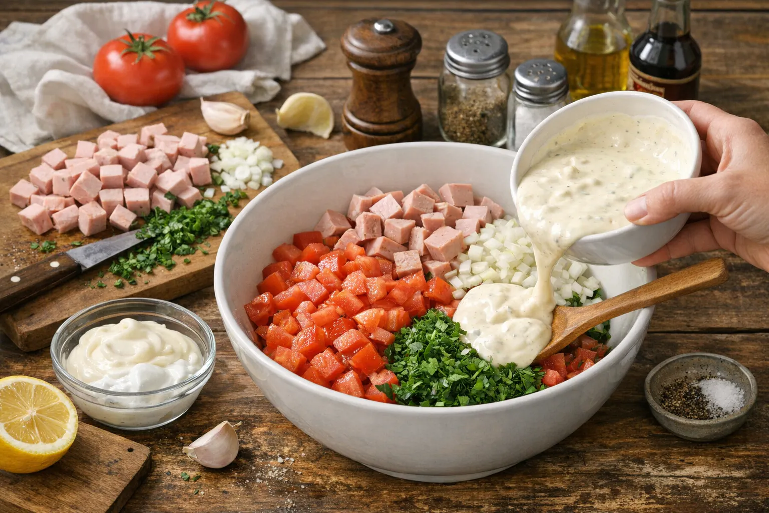 Der Tomatensalat mit Jagdwurst ist schnell gemacht - die Zutaten müssen nur geschnitten und mit der leckeren Soße aus Mayonnaise und Joghurt vermengt werden.