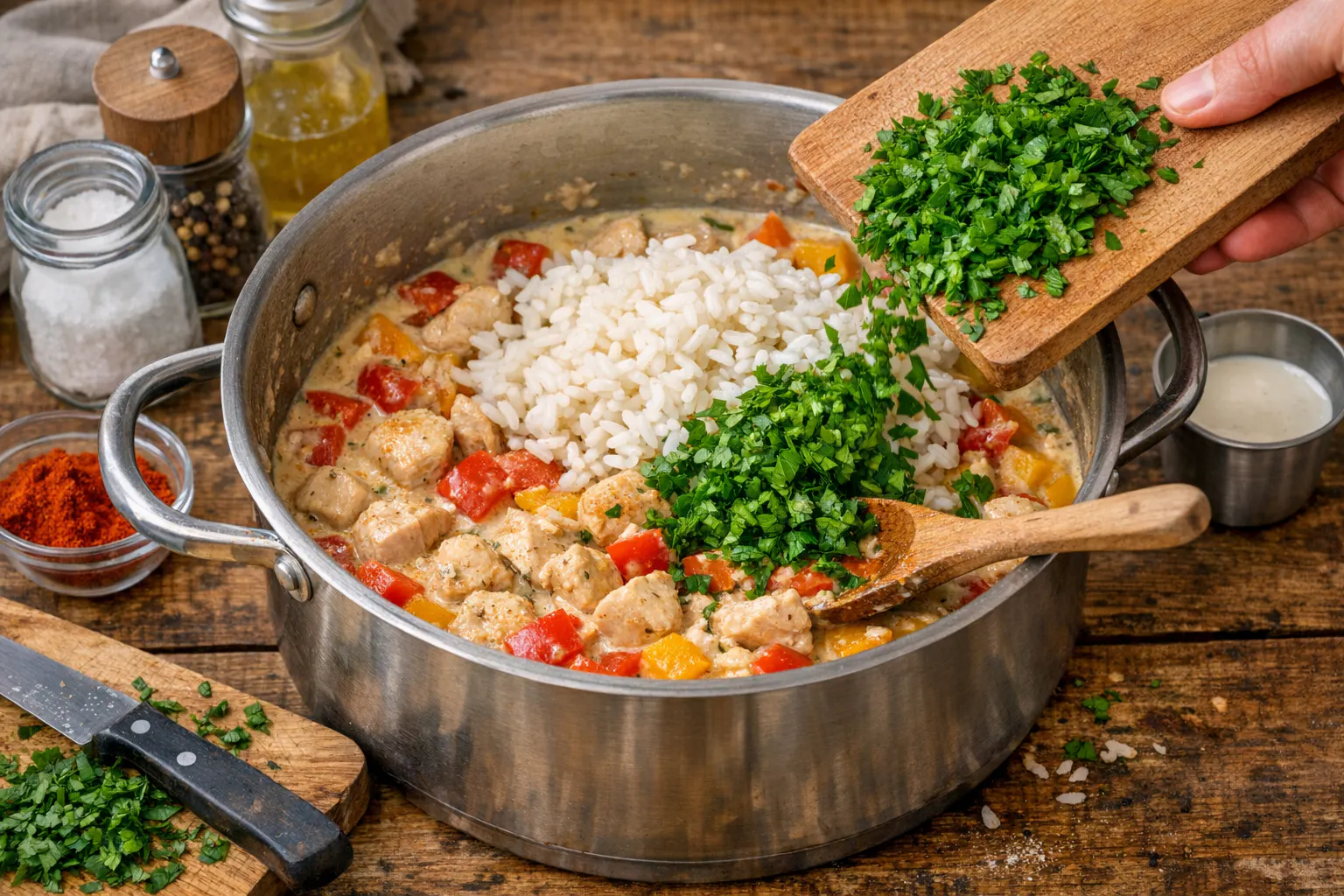 Broilerragout mit Reis ist ein klassisches One-Pot-Essen - für die Zubereitung braucht es tatsächlich nur einen einzelnen Topf.