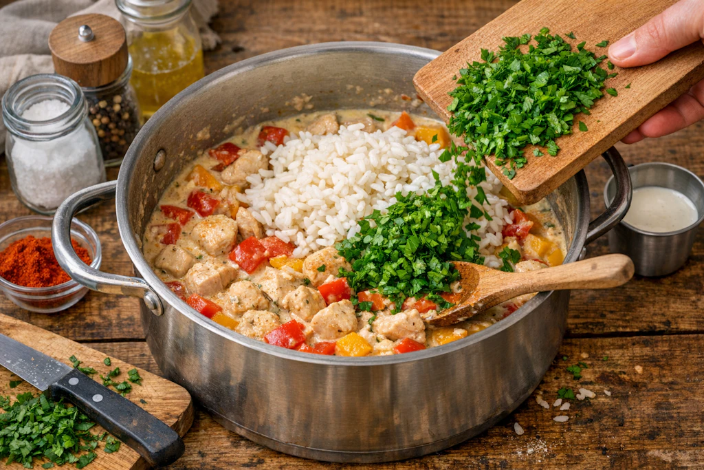 Broilerragout mit Reis ist ein klassisches One-Pot-Essen - für die Zubereitung braucht es tatsächlich nur einen einzelnen Topf.