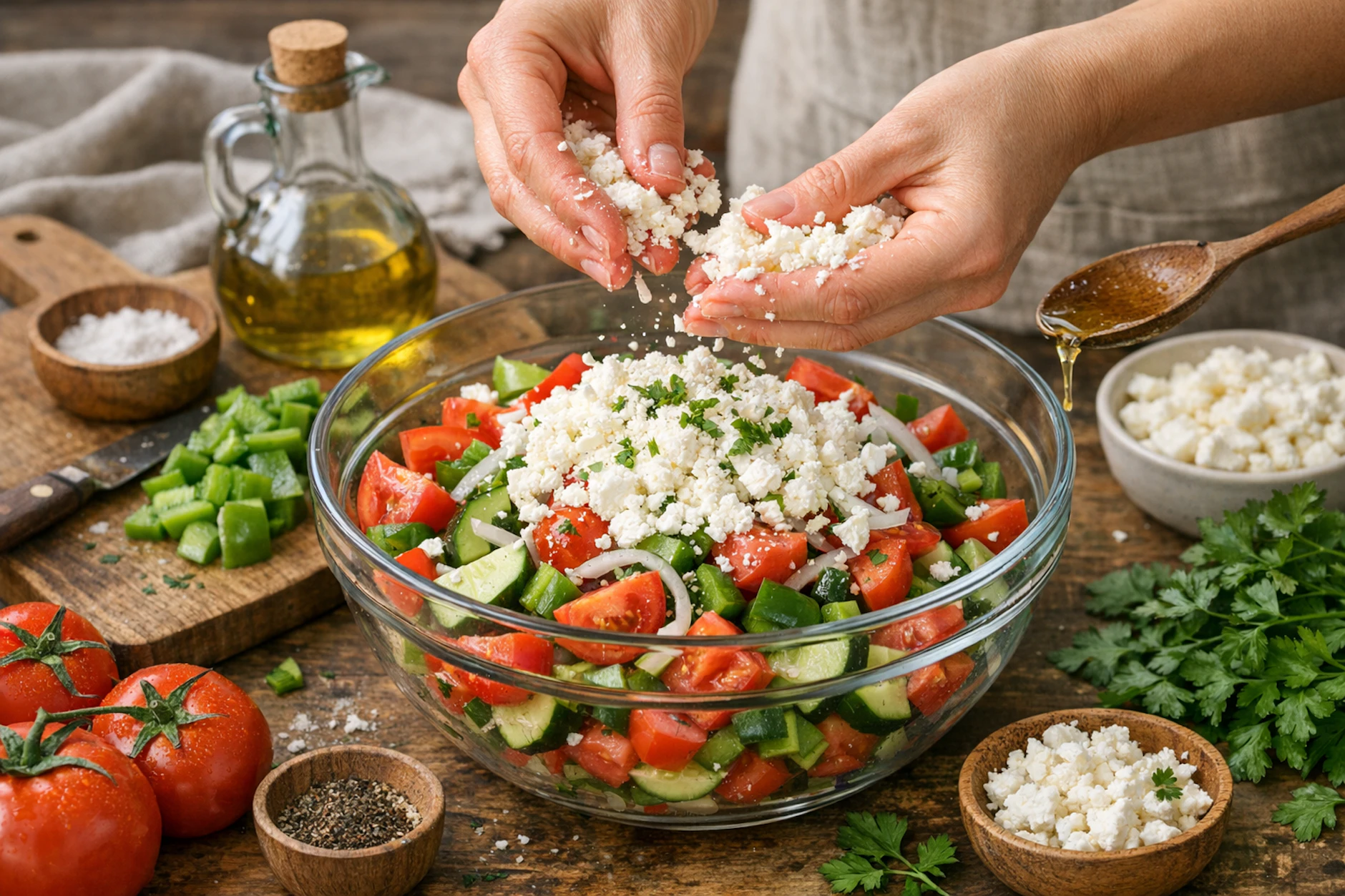 Für den leckeren Schopskasalat aus Bulgarien müssen nur die Zutaten kleingeschnitten und miteinander vermengt werden.