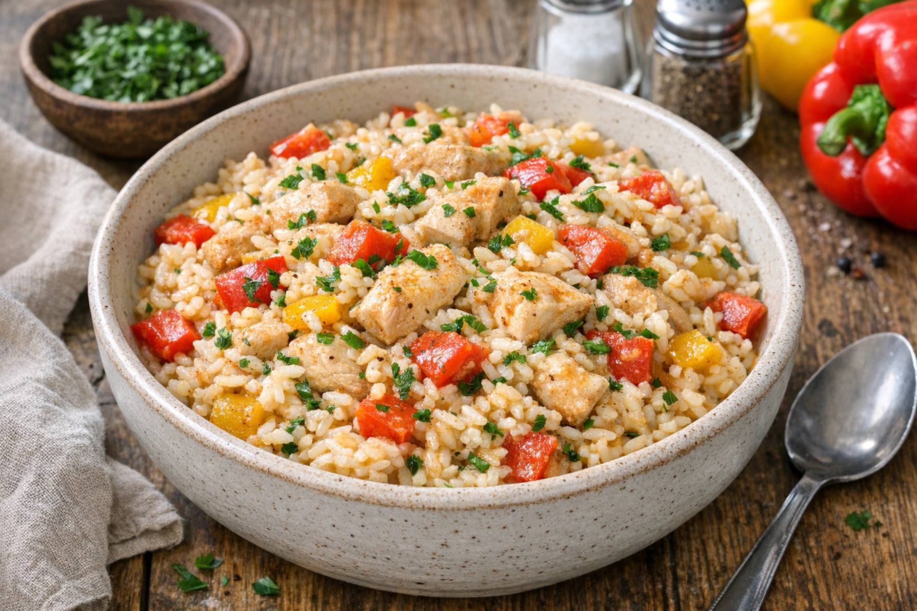 Leckeres Broilerragout mit Reis, Paprika und Petersilie: Wer unterschiedliche Farben auf dem Teller haben will, verwendet - wie hier - rote und gelbe Paprikaschoten.