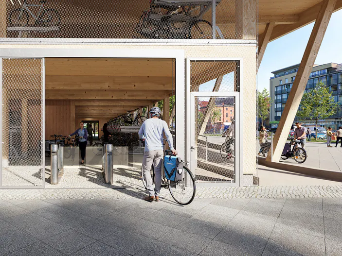 So soll der Eingangsbereich für das neue Parkhaus am S-Bahnhof Schöneweide aussehen: Das Gebäude wird mit einem Edelstahlnetz umgeben sein, das für Licht und natürliche Belüftung des Gebäudes sorgt.